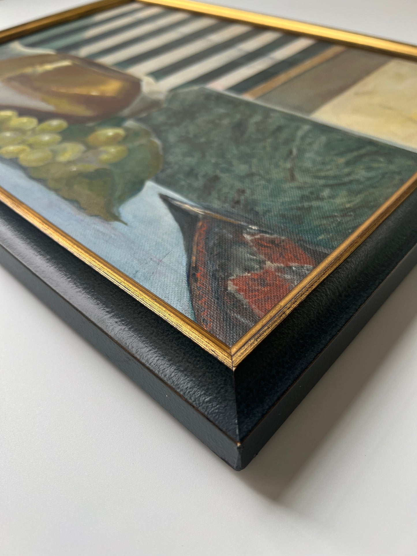 Vintage Stripes and Grapes Still Life in Black and Gold Frame