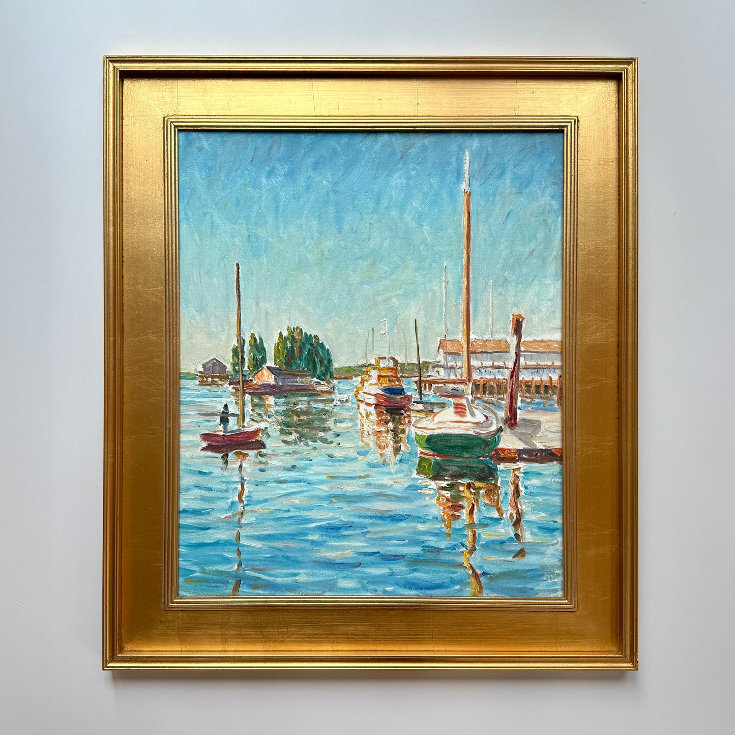 Edmund Jordan Impressionist East Coast Boats in Harbor Seascape Oil Painting in Gold Frame