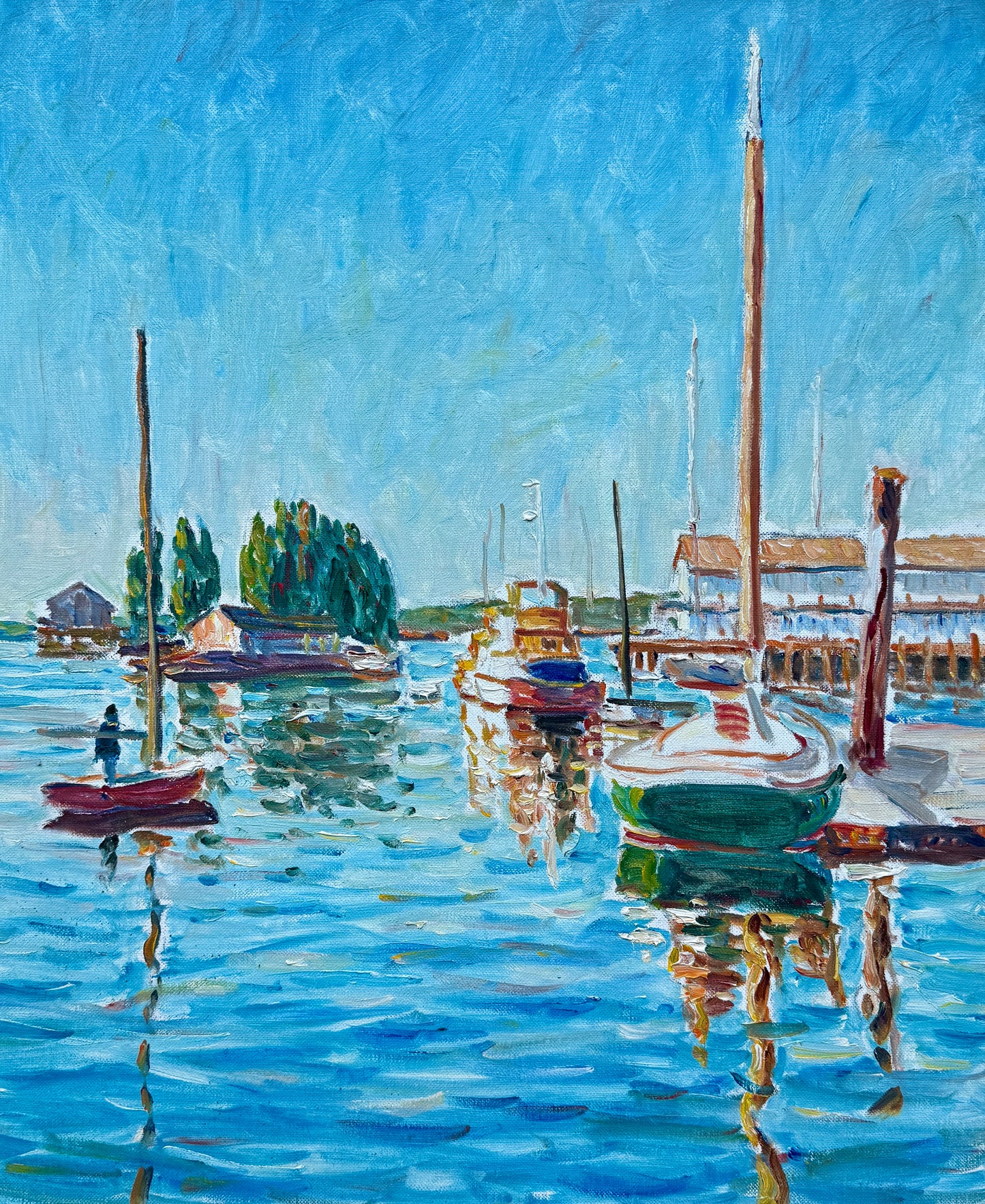 Edmund Jordan Impressionist East Coast Boats in Harbor Seascape Oil Painting in Gold Frame