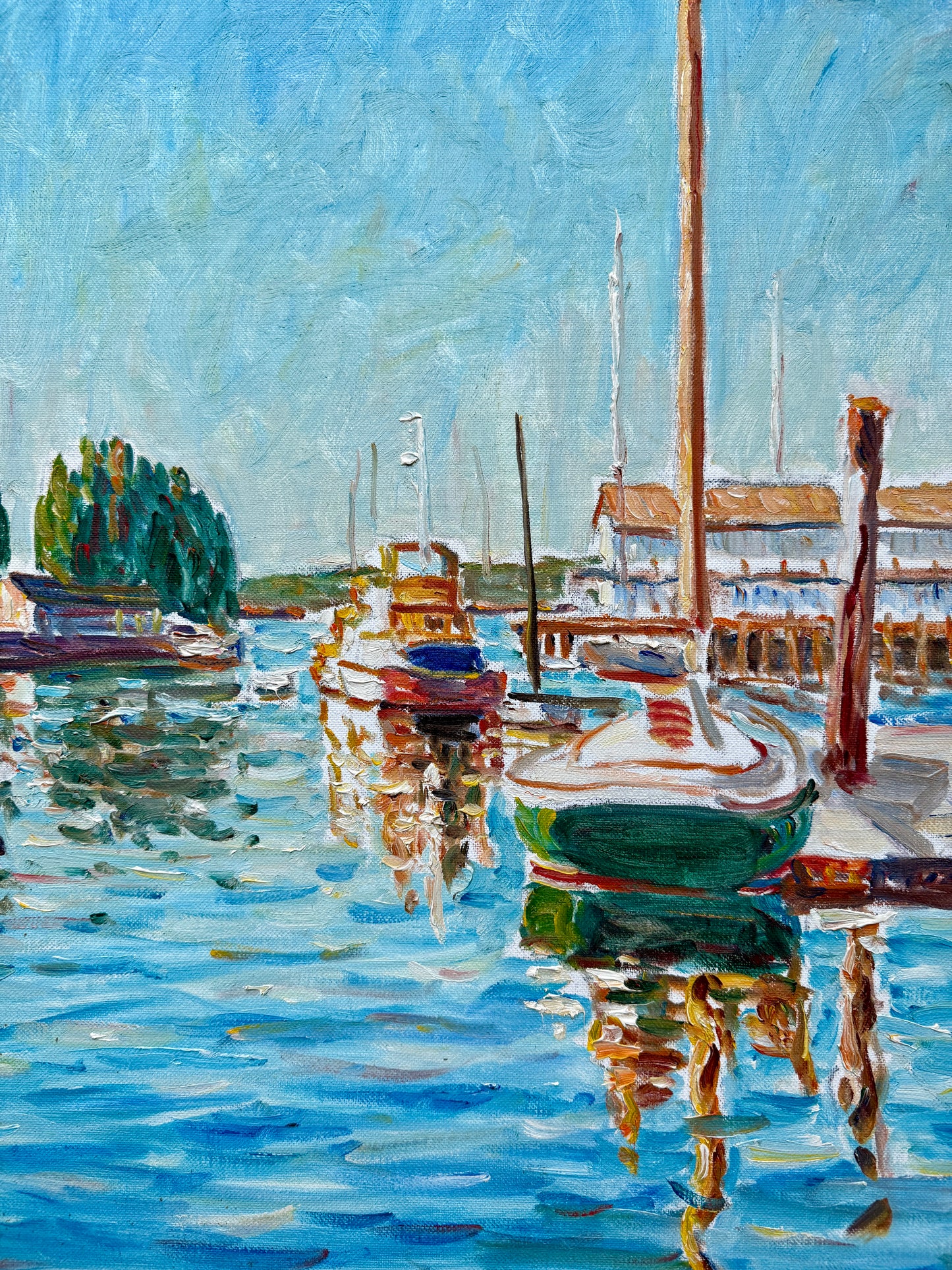 Edmund Jordan Impressionist East Coast Boats in Harbor Seascape Oil Painting in Gold Frame