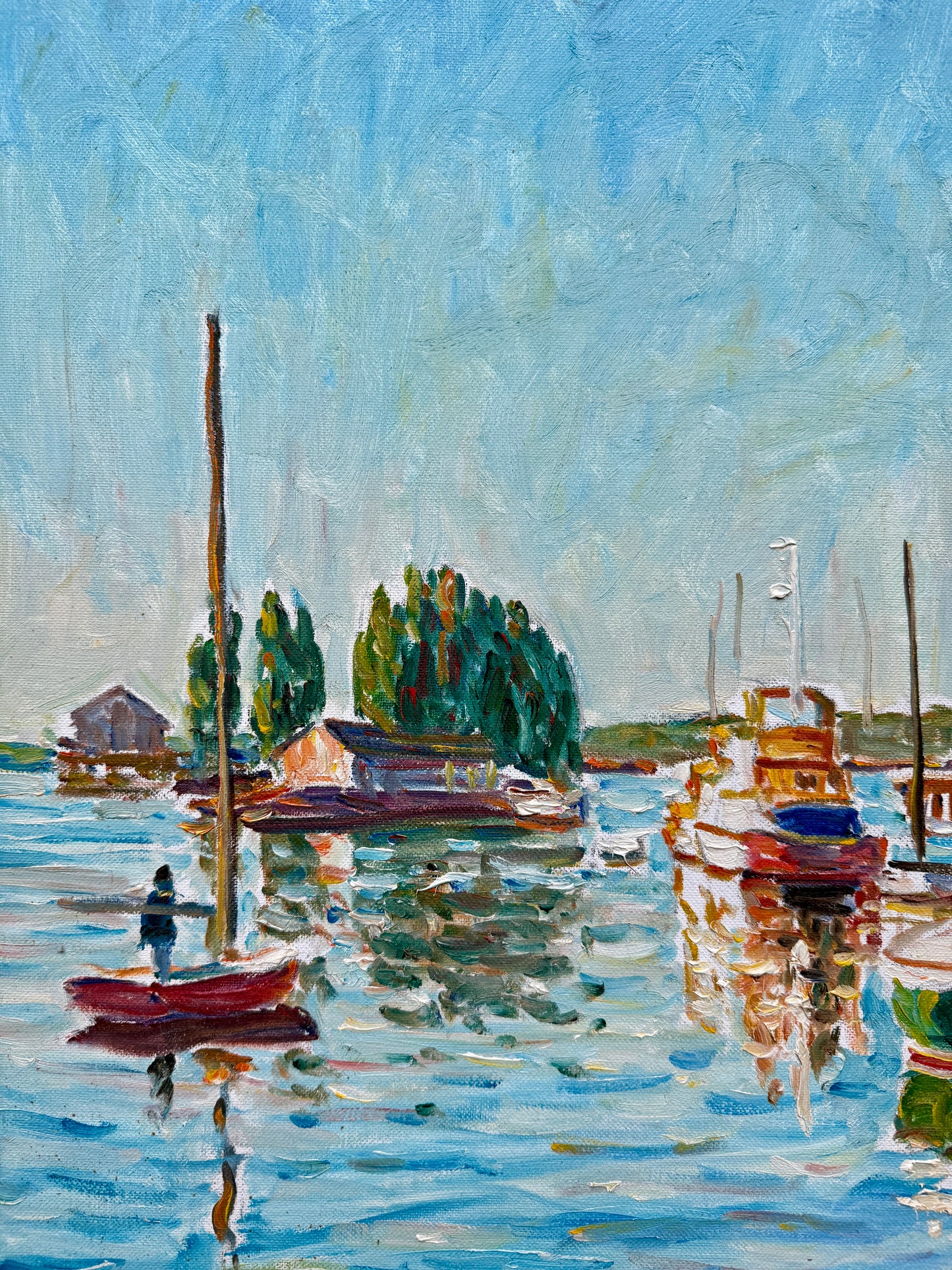 Edmund Jordan Impressionist East Coast Boats in Harbor Seascape Oil Painting in Gold Frame