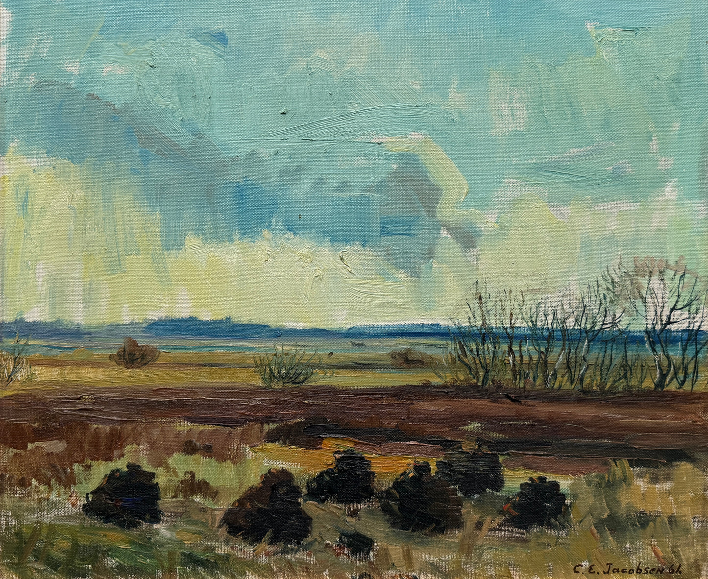 1961 Expressionist Blue Green Landscape Oil Painting in Gold Frame