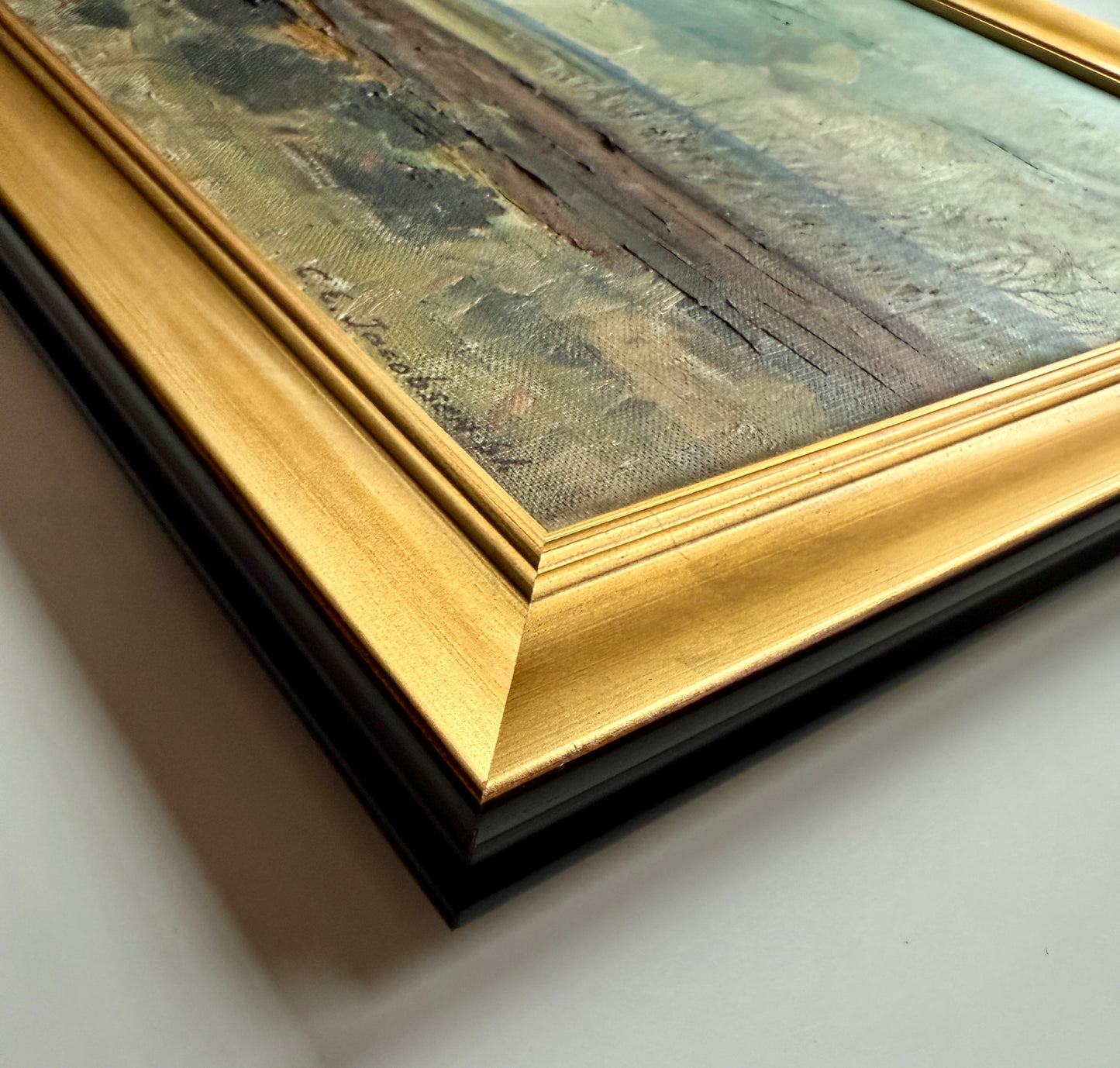 1961 Expressionist Blue Green Landscape Oil Painting in Gold Frame