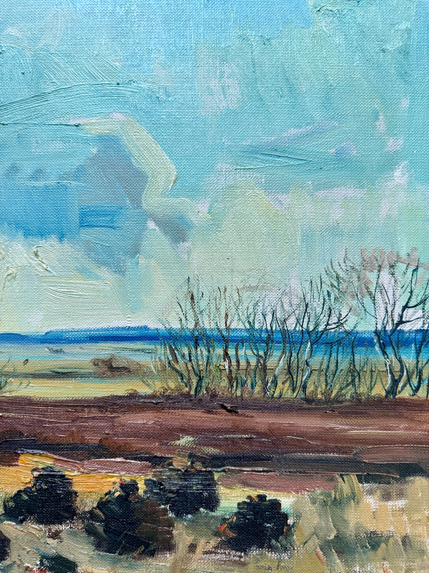 1961 Expressionist Blue Green Landscape Oil Painting in Gold Frame