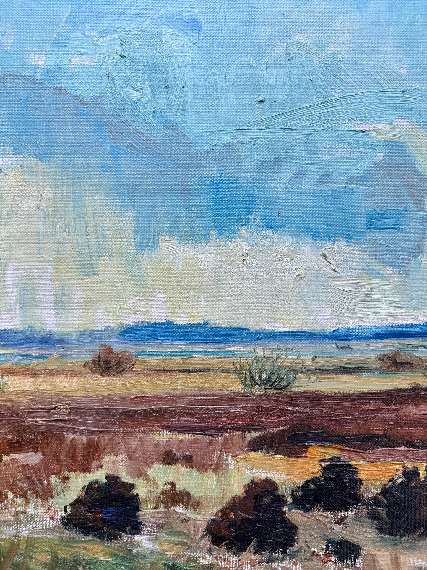 1961 Expressionist Blue Green Landscape Oil Painting in Gold Frame
