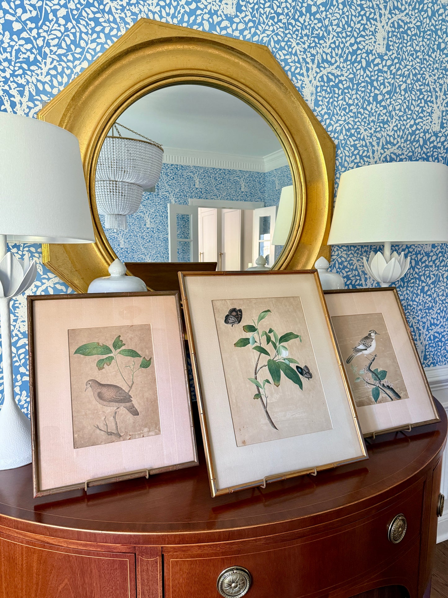 Antique Chinese Watercolor Botanical Painting in Gilded Bamboo Frame
