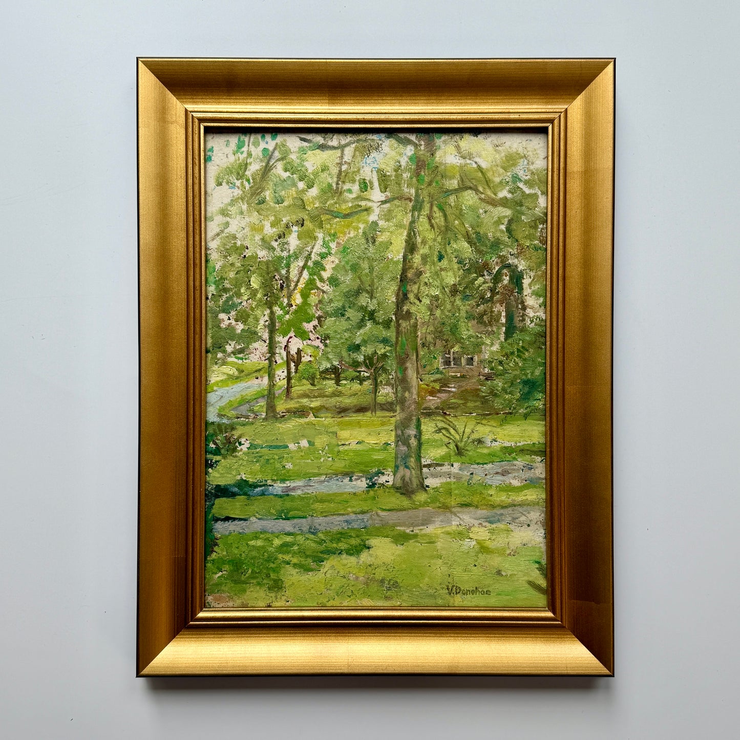 Victoria Donohue Narbrook Park Pennsylvania Landscape and Stone House Oil Painting in Gold Frame