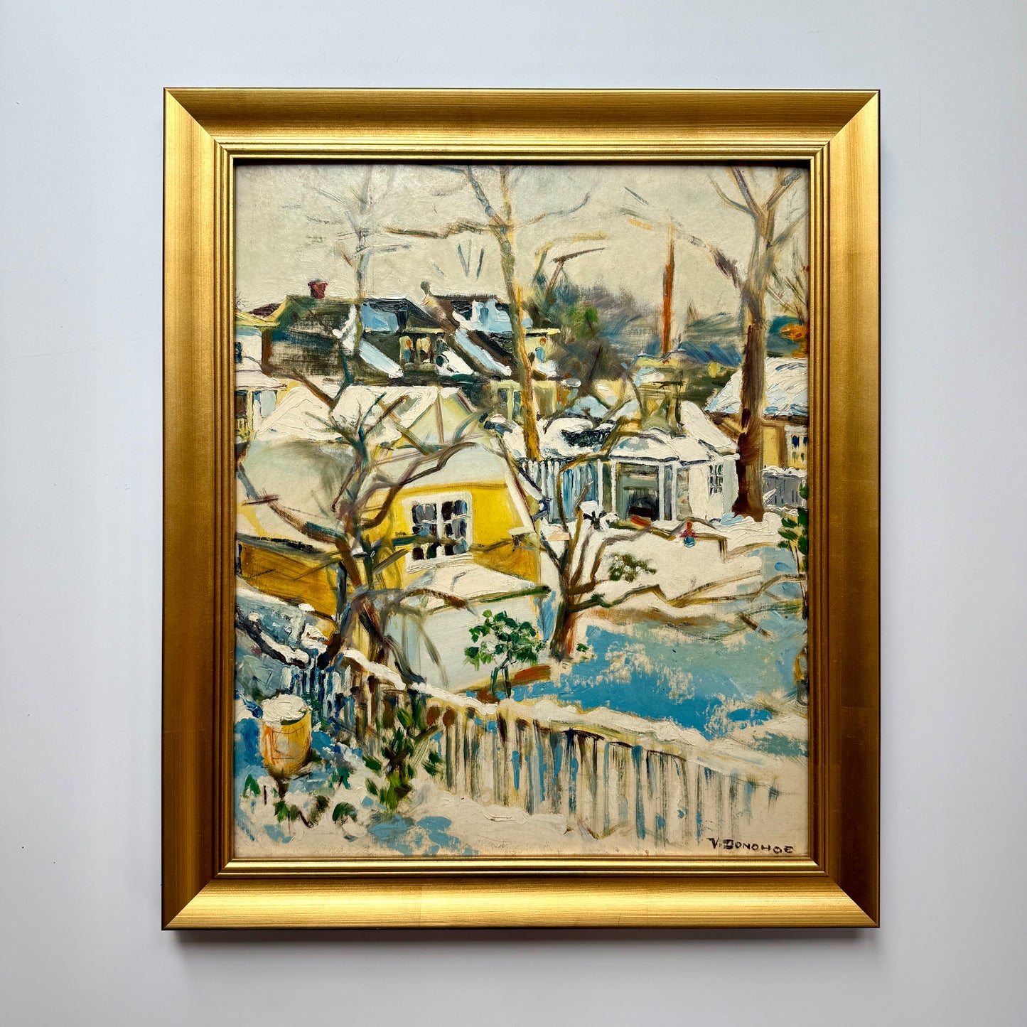 Victoria Donohue Pennsylvania Neighborhood Winter Landscape Oil Painting in Gold Frame