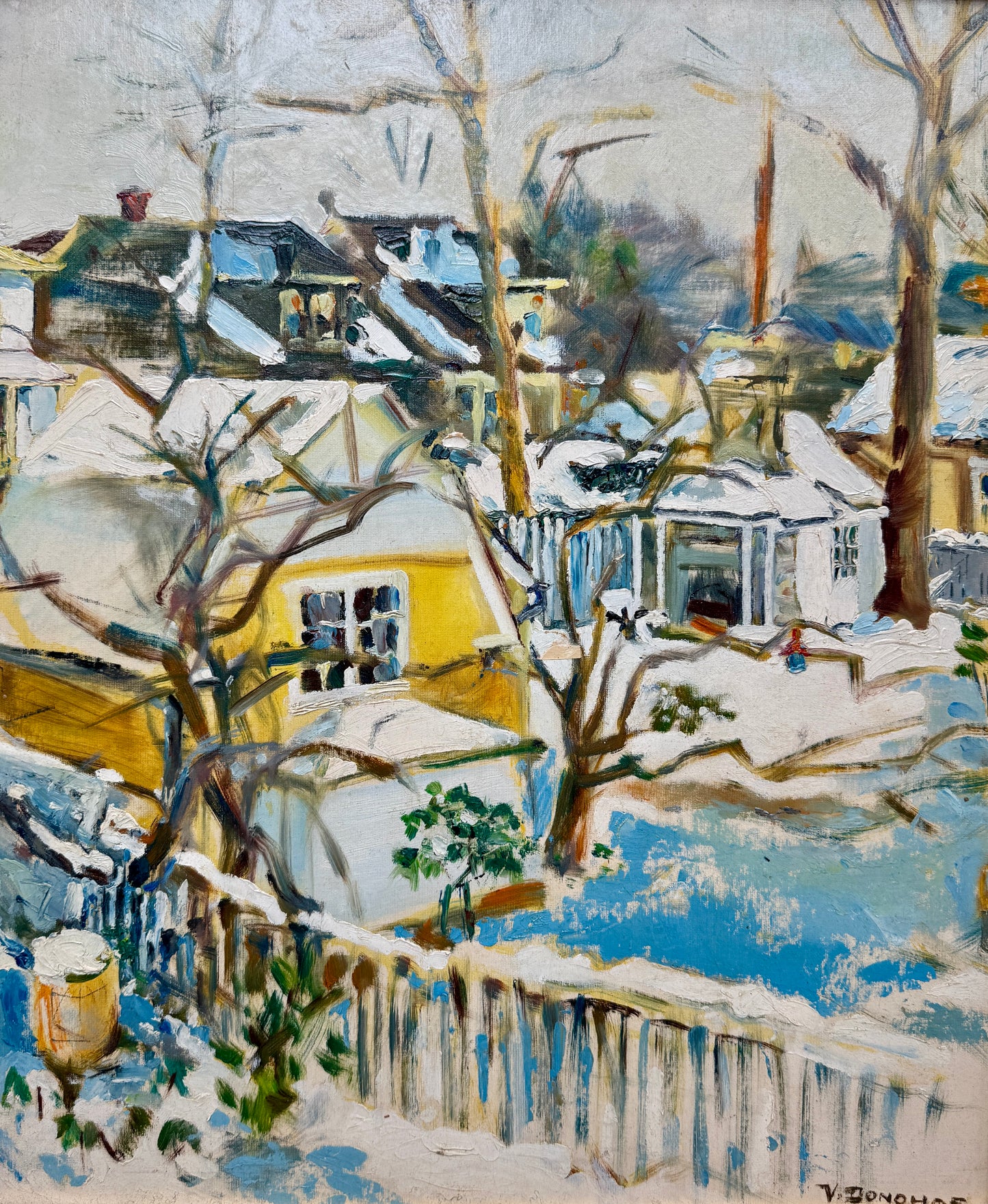 Victoria Donohue Pennsylvania Neighborhood Winter Landscape Oil Painting in Gold Frame