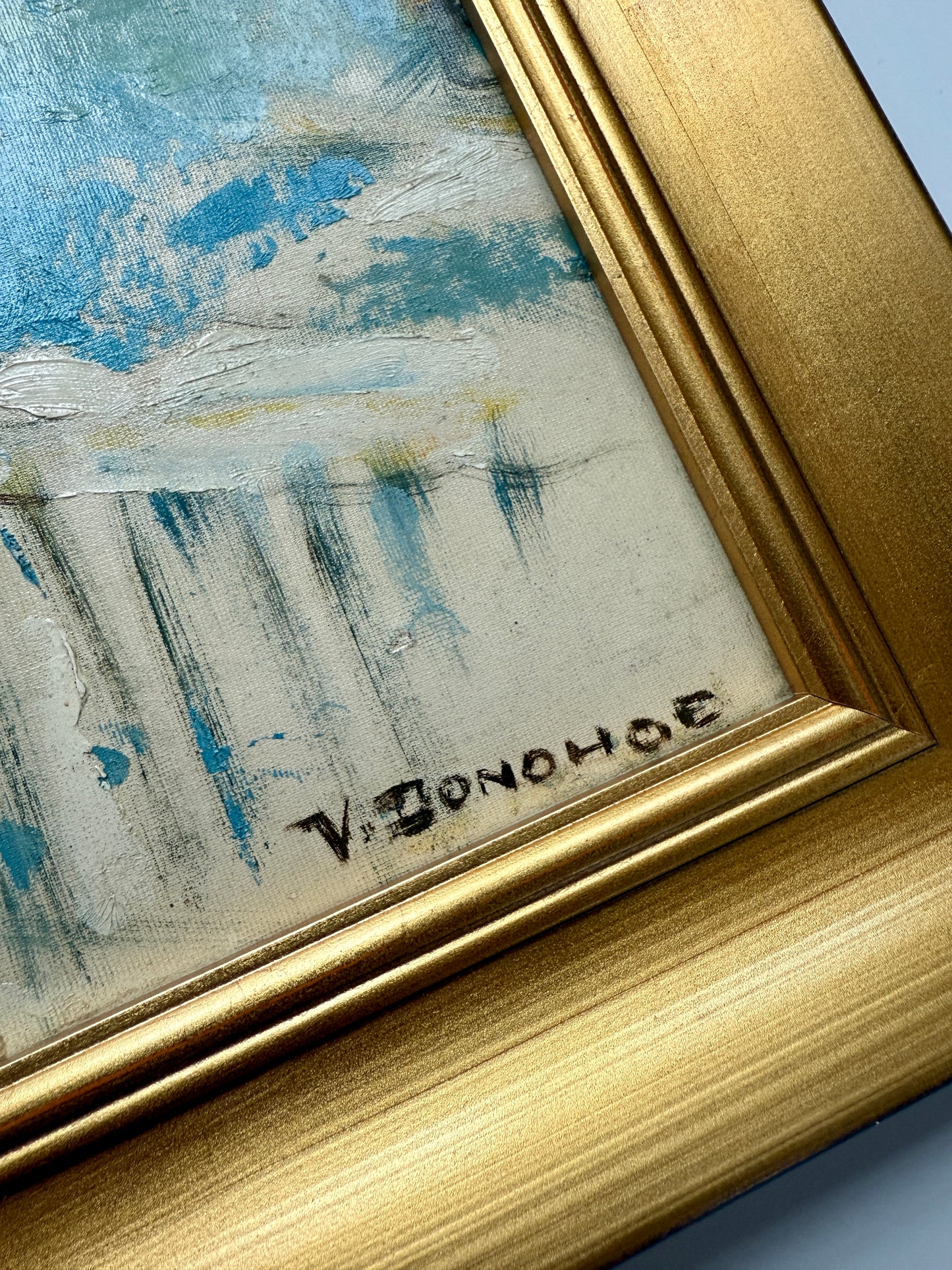 Victoria Donohue Pennsylvania Neighborhood Winter Landscape Oil Painting in Gold Frame