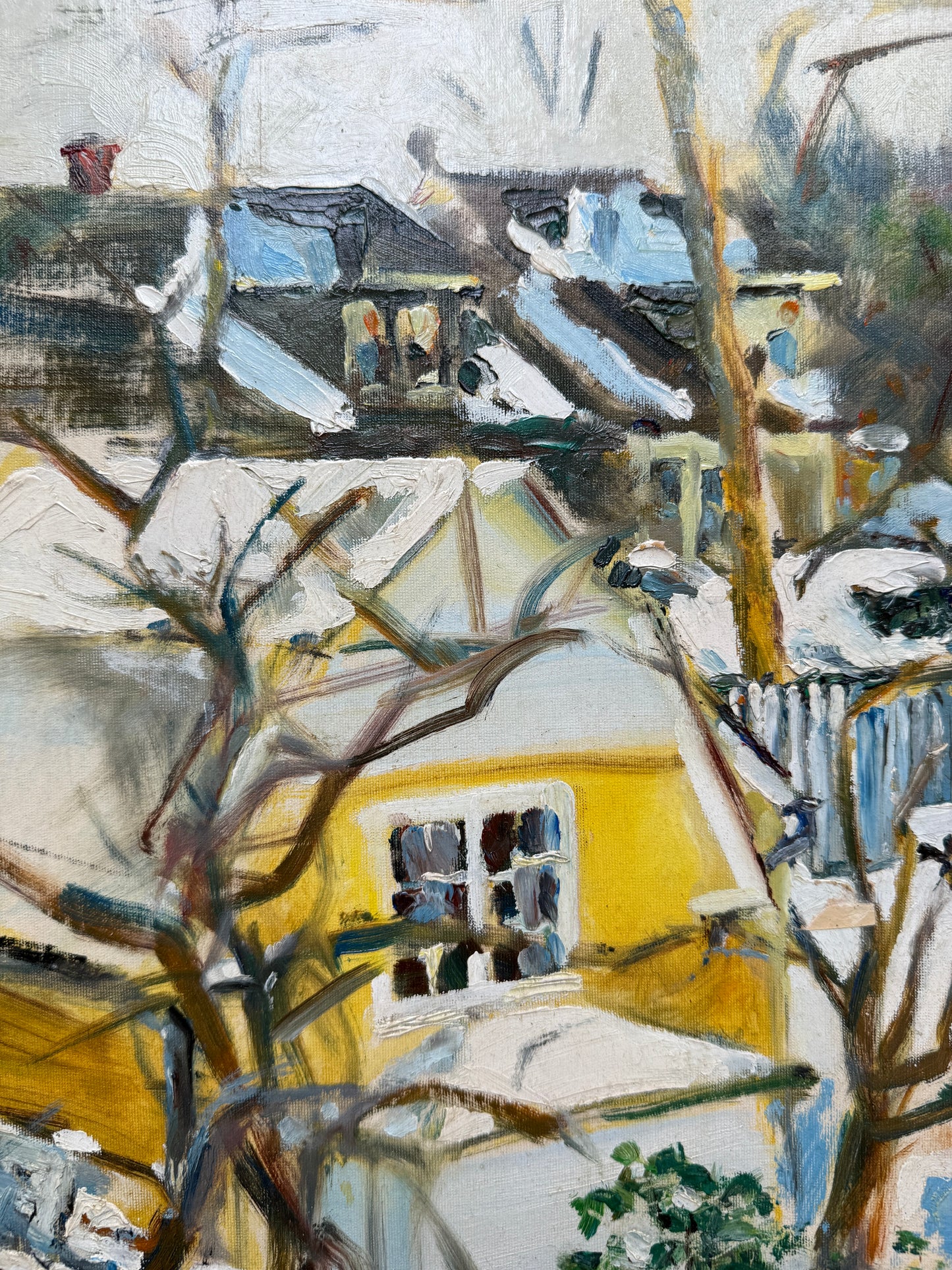 Victoria Donohue Pennsylvania Neighborhood Winter Landscape Oil Painting in Gold Frame