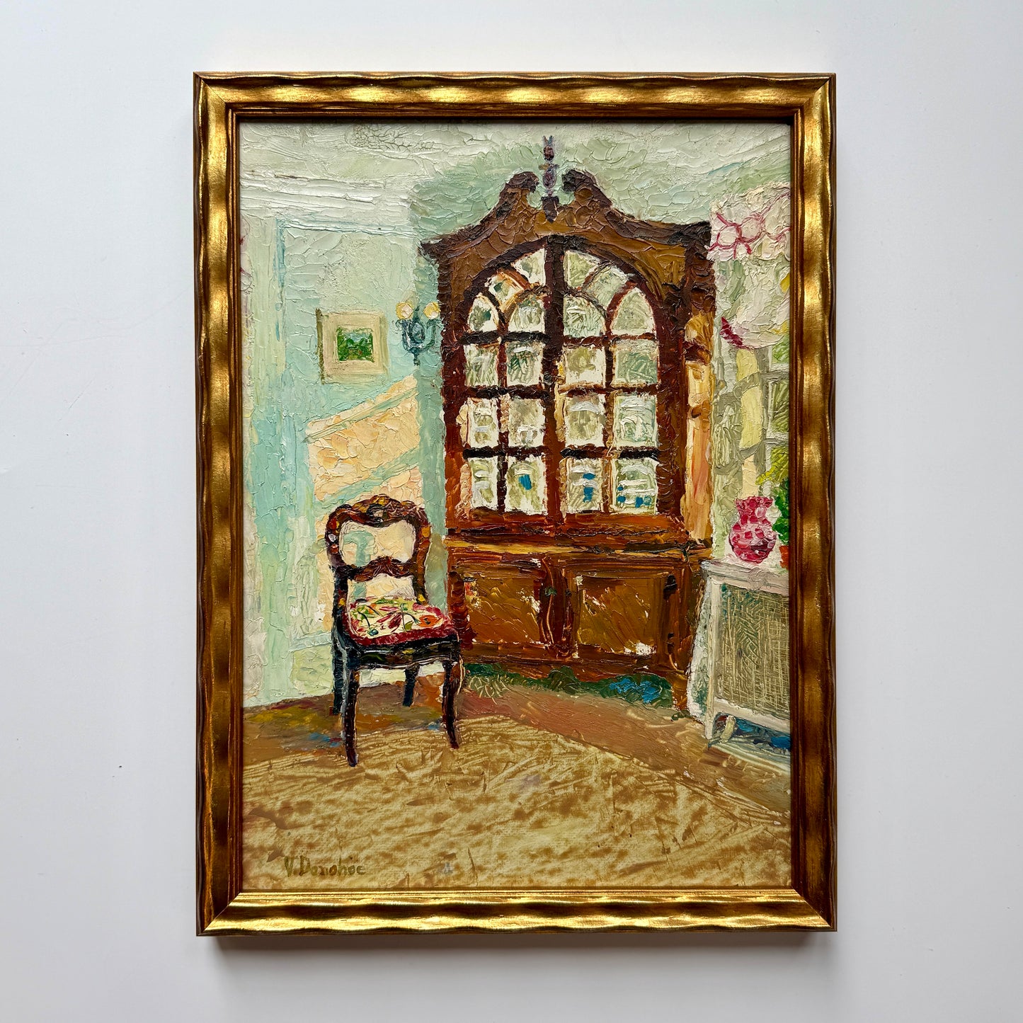 Victoria Donohue Corner Cupboard Living Room Interior Oil Painting in Wavy Gold Frame