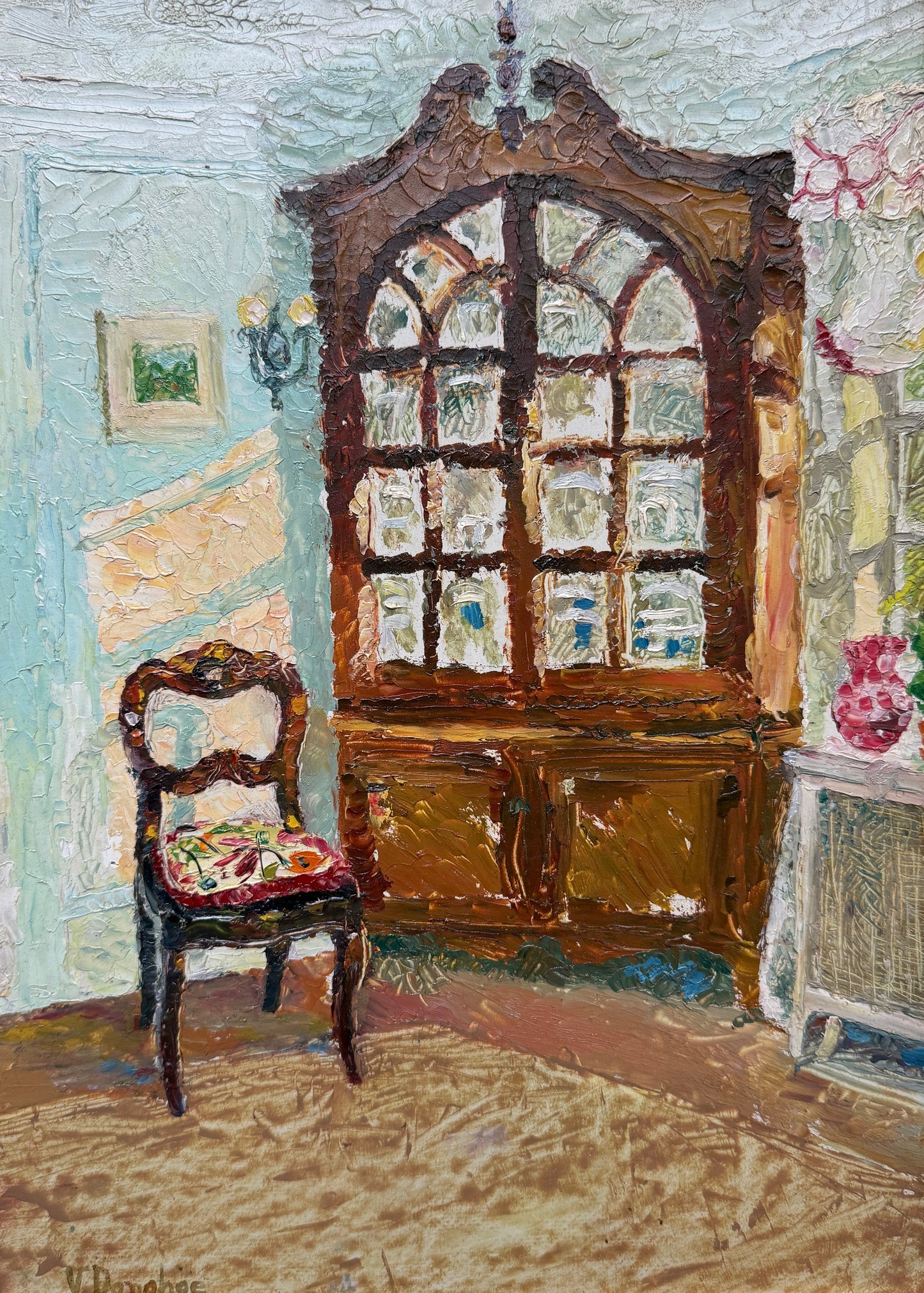 Victoria Donohue Corner Cupboard Living Room Interior Oil Painting in Wavy Gold Frame