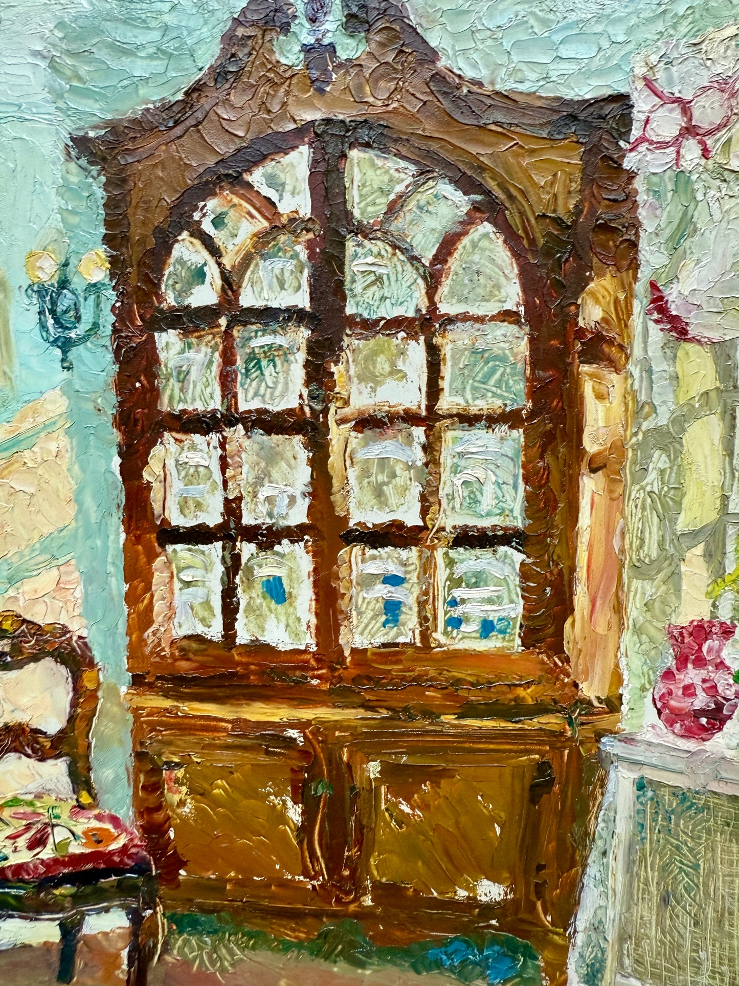 Victoria Donohue Corner Cupboard Living Room Interior Oil Painting in Wavy Gold Frame
