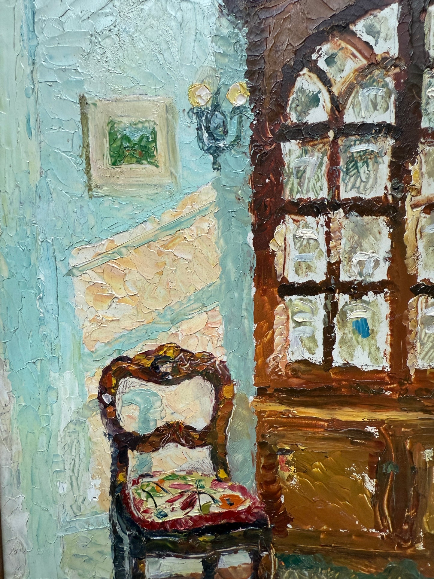 Victoria Donohue Corner Cupboard Living Room Interior Oil Painting in Wavy Gold Frame