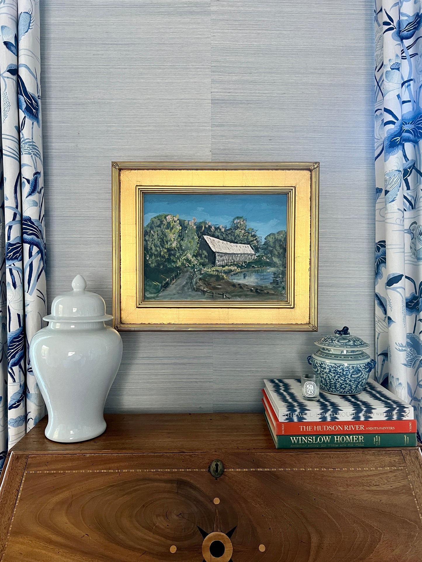 Vintage Spring in New England Covered Bridge Landscape Oil Painting in Gold Frame