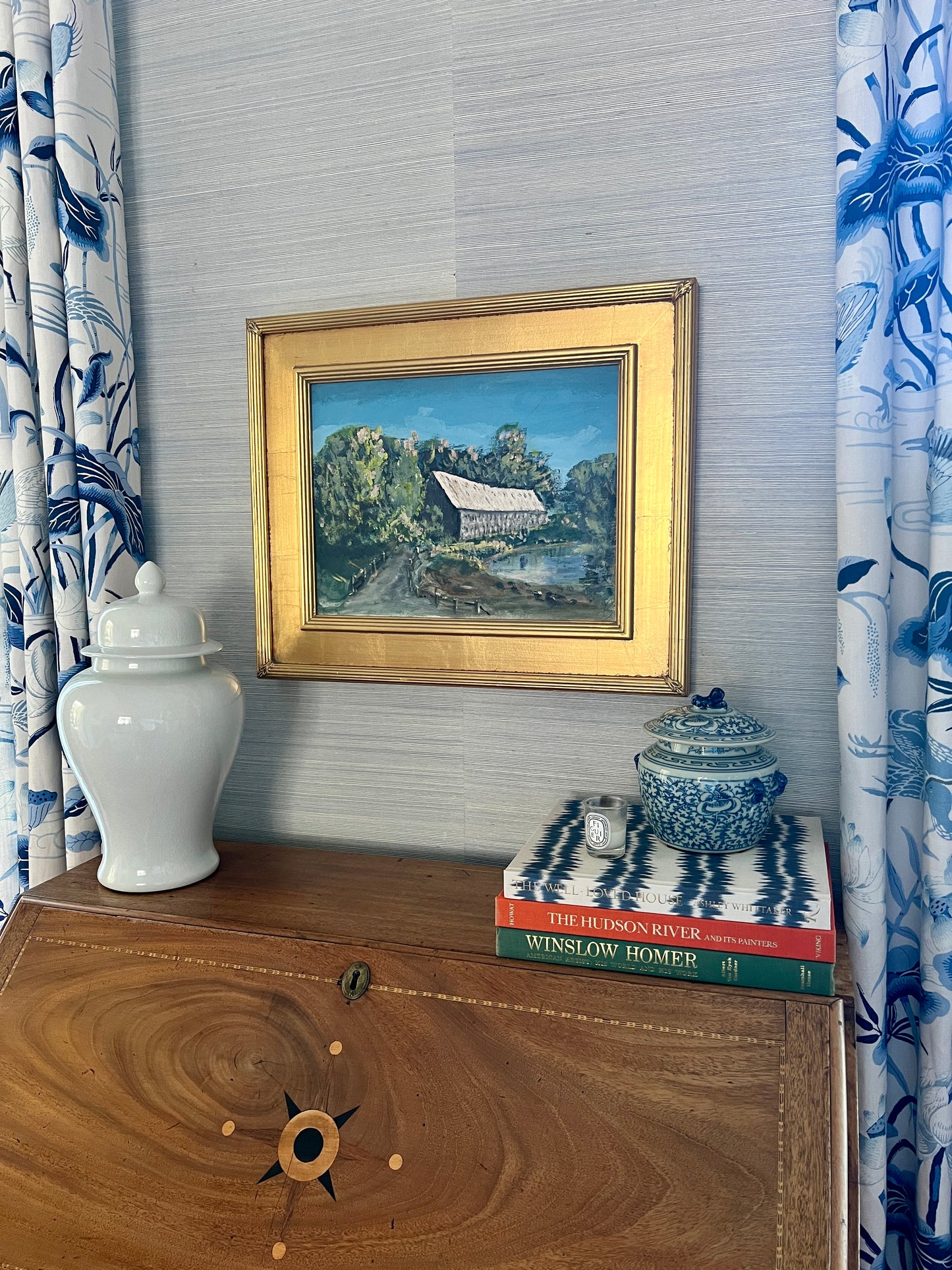 Vintage Spring in New England Covered Bridge Landscape Oil Painting in Gold Frame