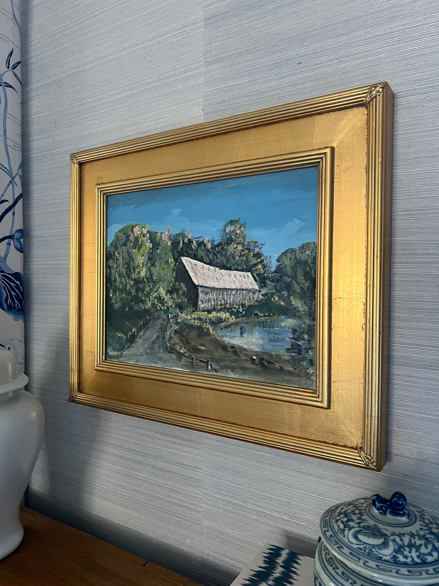 Vintage Spring in New England Covered Bridge Landscape Oil Painting in Gold Frame