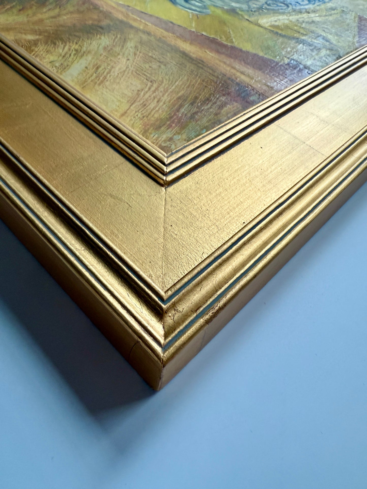 1947 Victoria Donohue Still Life Blue White Plate Colorful Dishes Oil Painting in Gold Frame