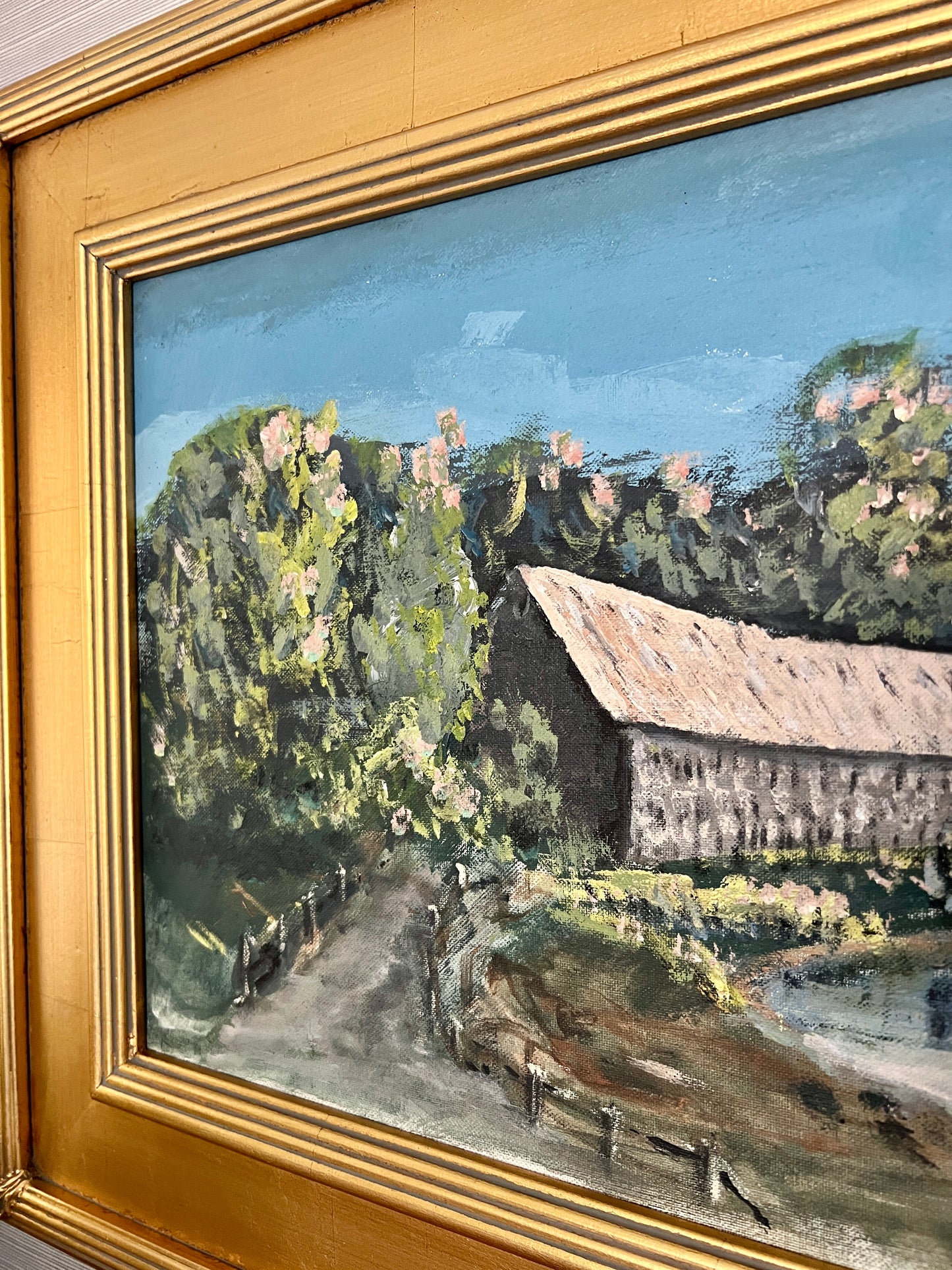 Vintage Spring in New England Covered Bridge Landscape Oil Painting in Gold Frame