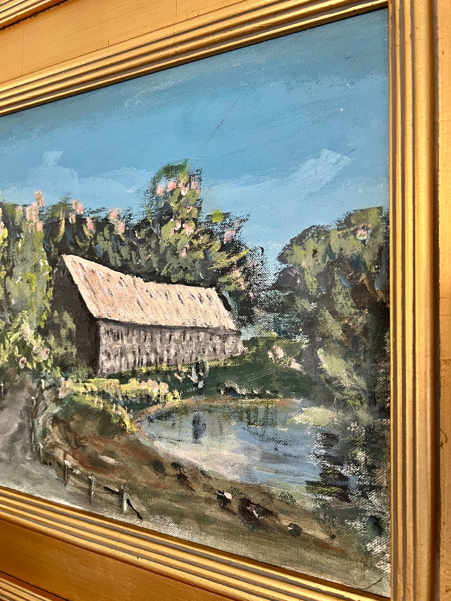 Vintage Spring in New England Covered Bridge Landscape Oil Painting in Gold Frame