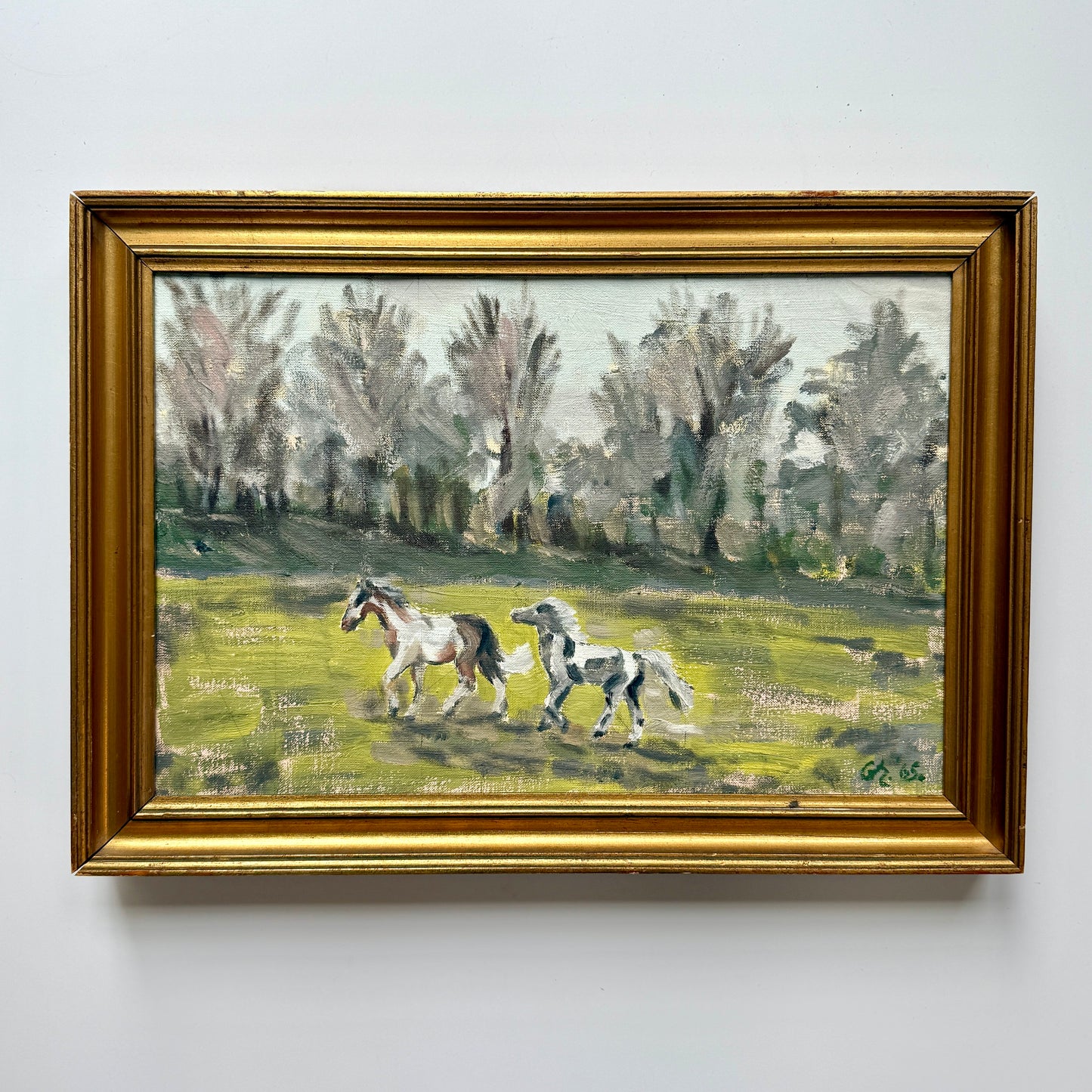 1965 Vintage Horse and Pony in Paddock Landscape Oil Painting in Gold Frame