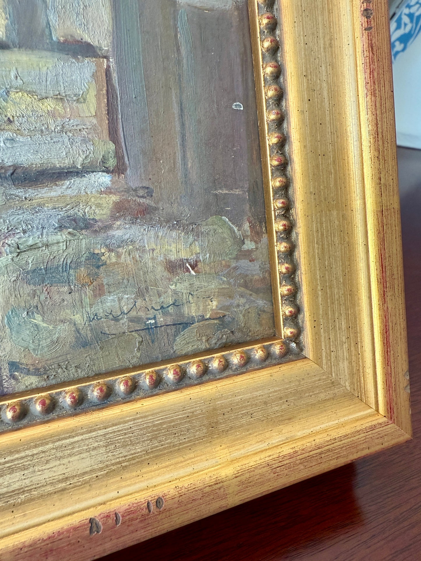 French Seascape Oil Painting with Red Sailed Boats in Gold Frame