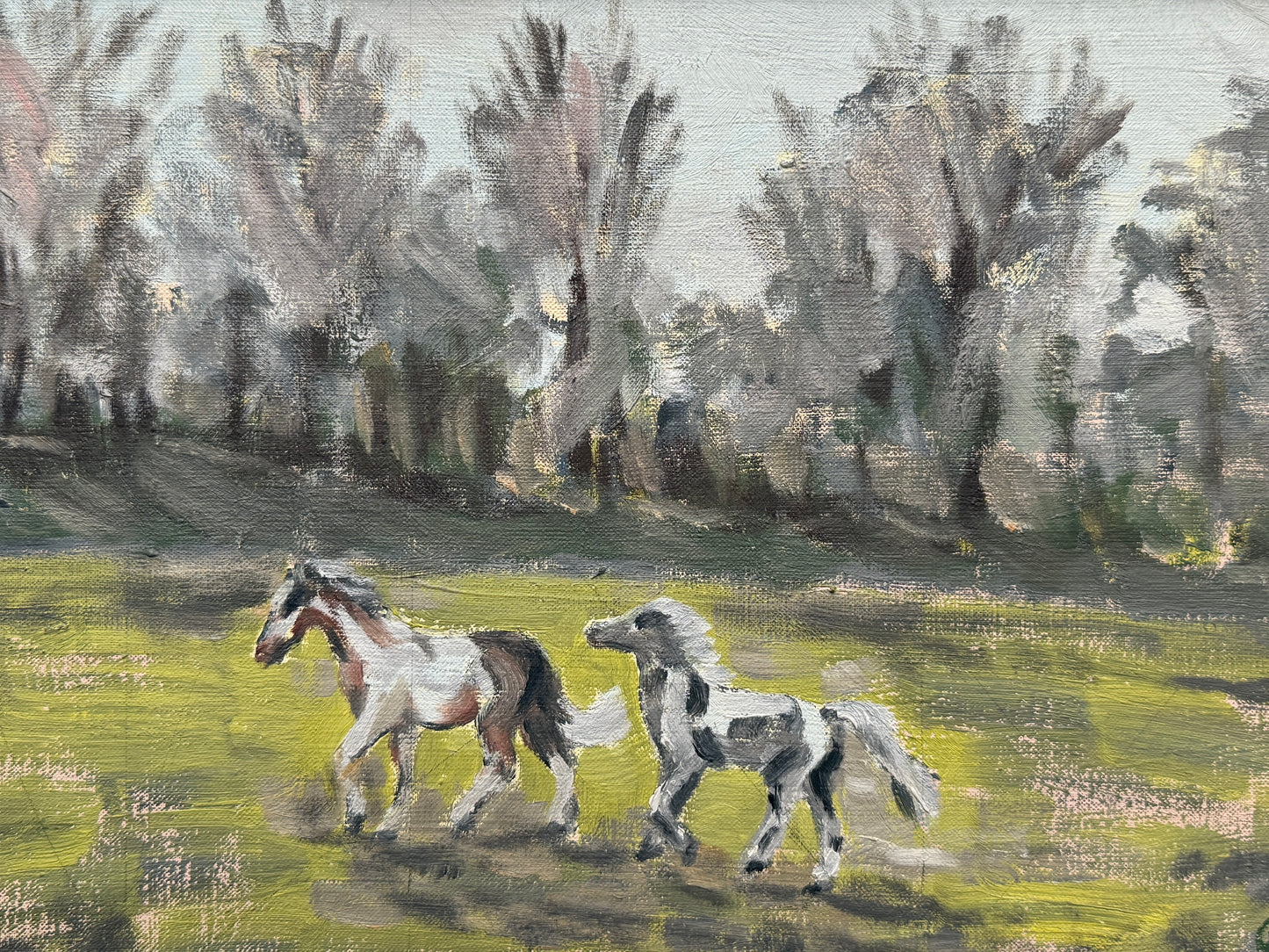 1965 Vintage Horse and Pony in Paddock Landscape Oil Painting in Gold Frame