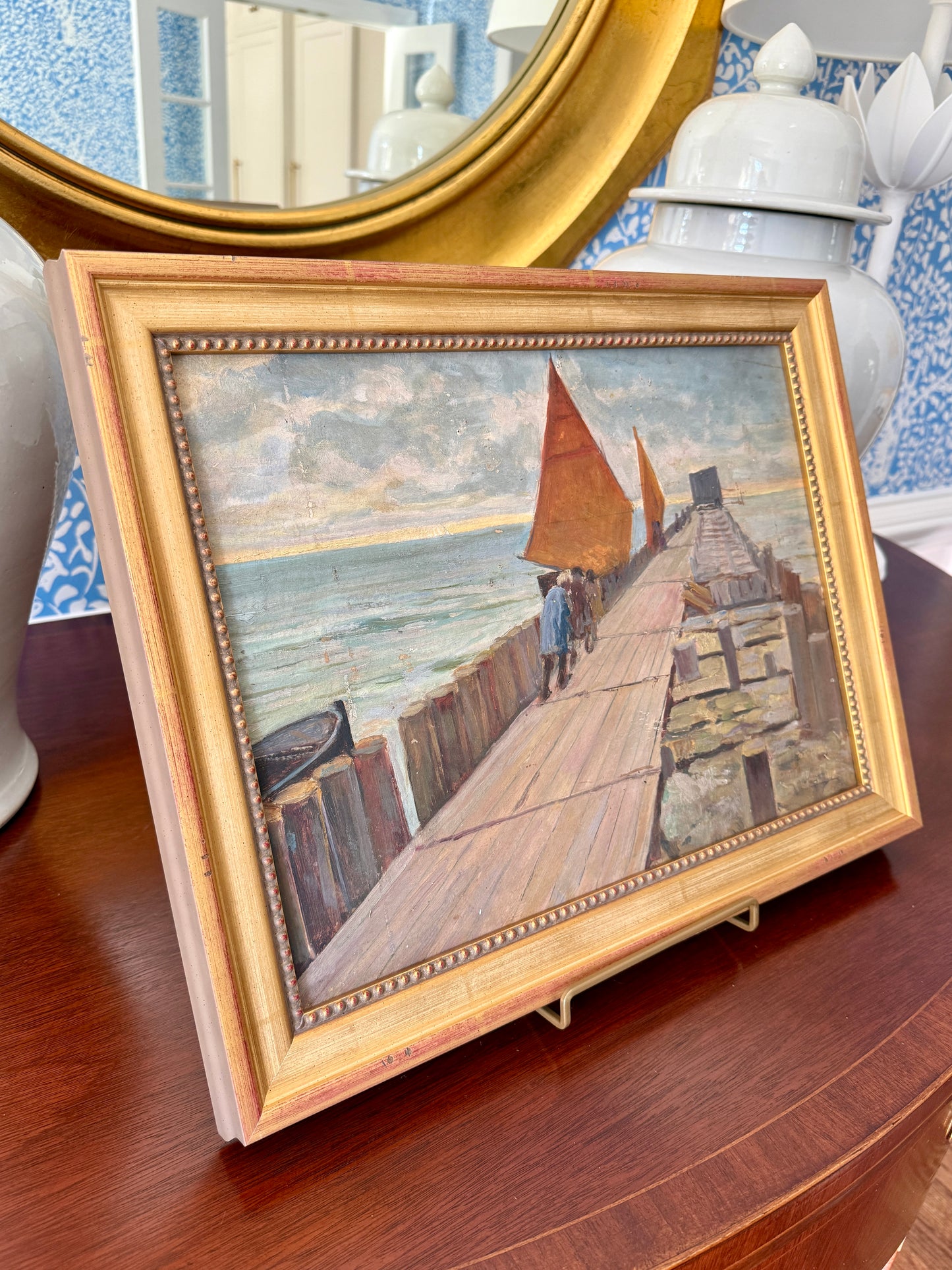 French Seascape Oil Painting with Red Sailed Boats in Gold Frame