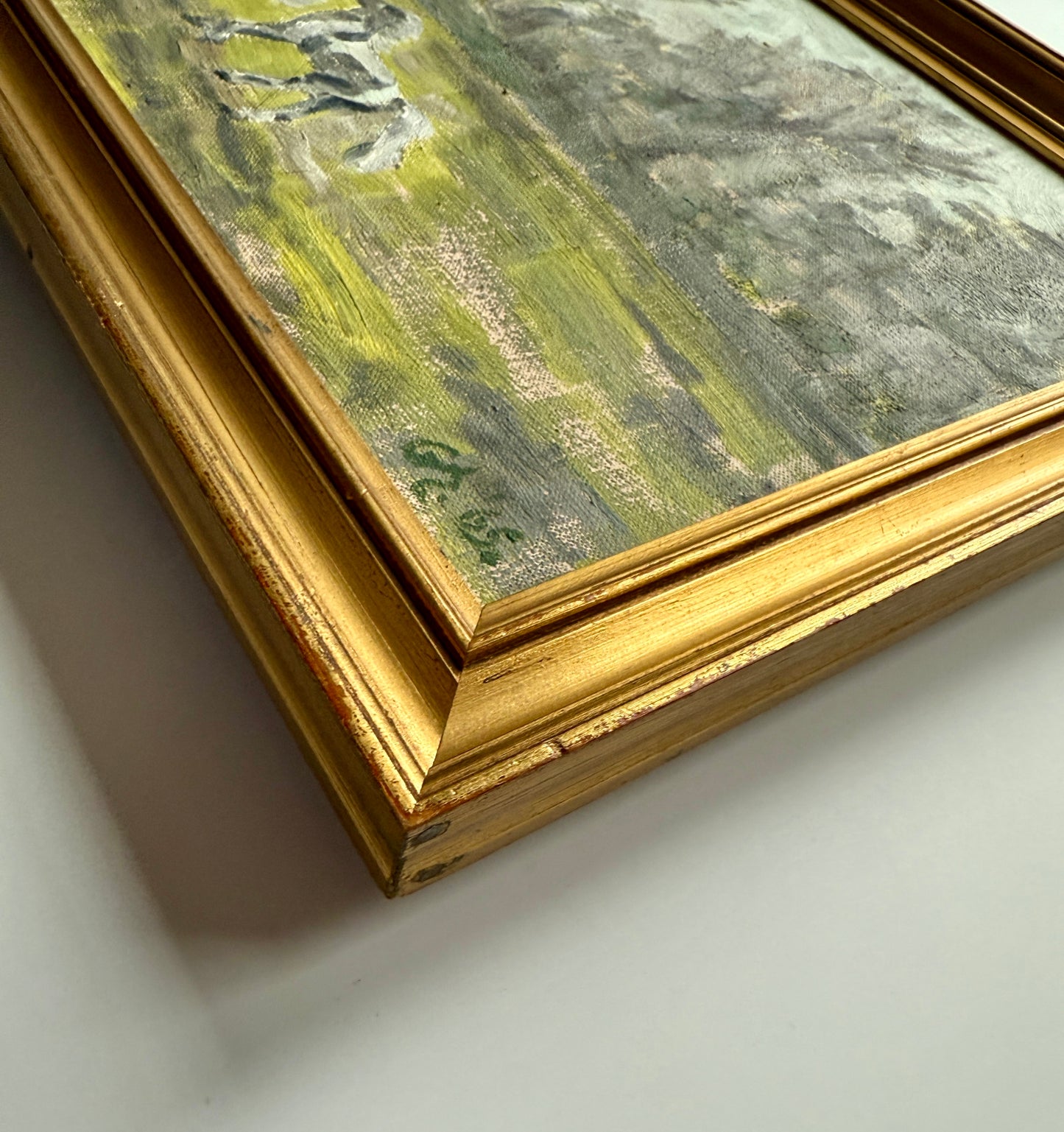 1965 Vintage Horse and Pony in Paddock Landscape Oil Painting in Gold Frame