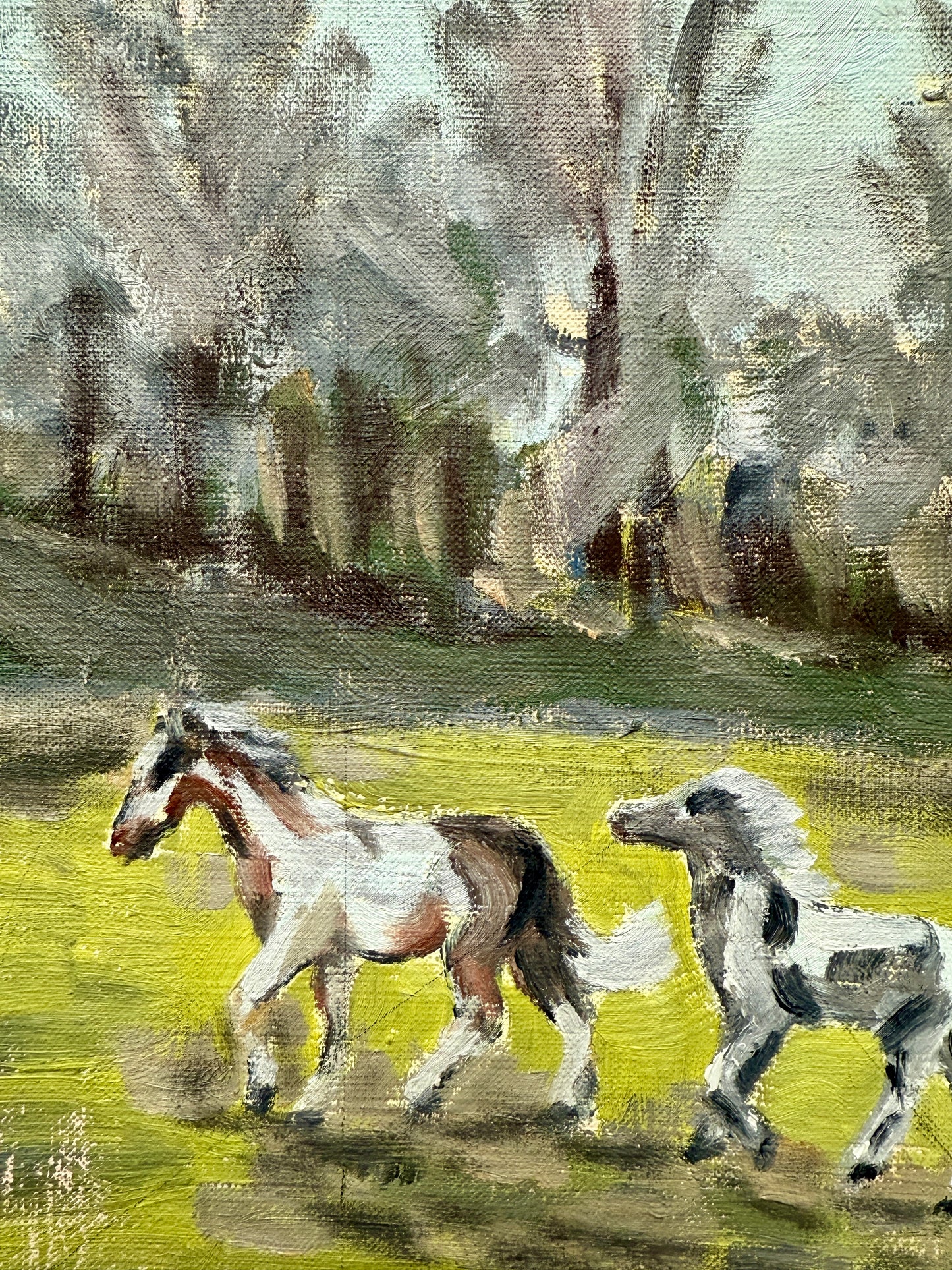 1965 Vintage Horse and Pony in Paddock Landscape Oil Painting in Gold Frame