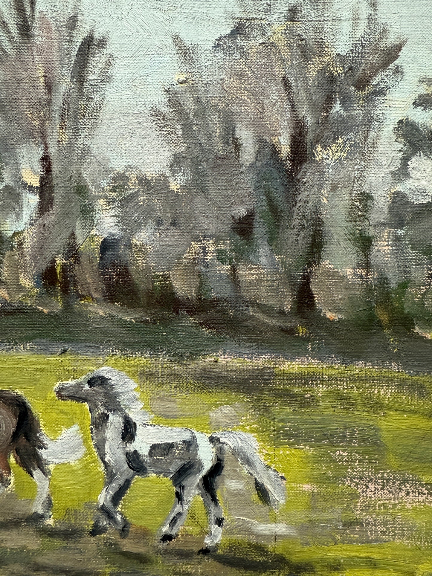 1965 Vintage Horse and Pony in Paddock Landscape Oil Painting in Gold Frame