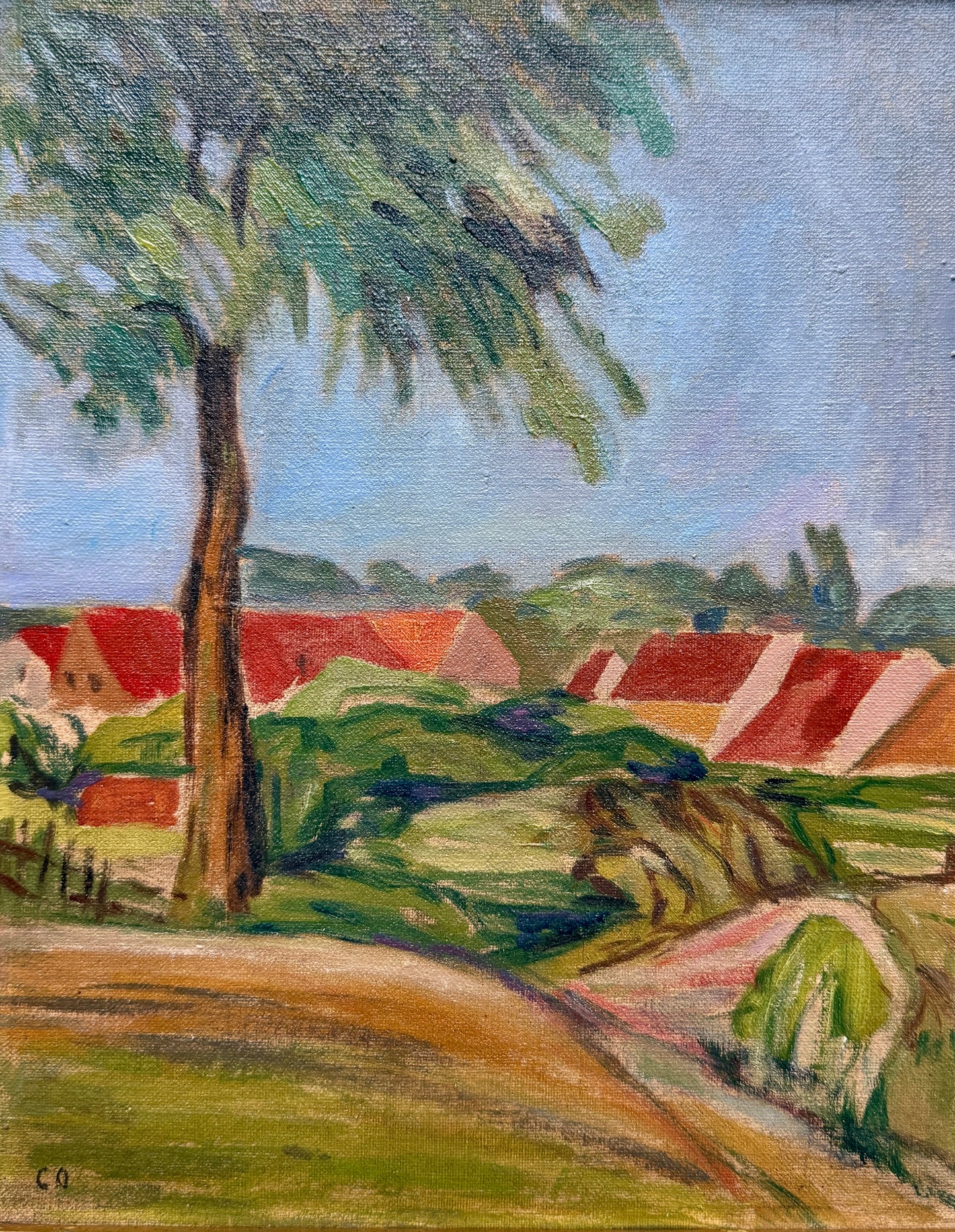 Vintage Red Roofed Houses in Hillside Summer Landscape Oil Painting in Gold Frame