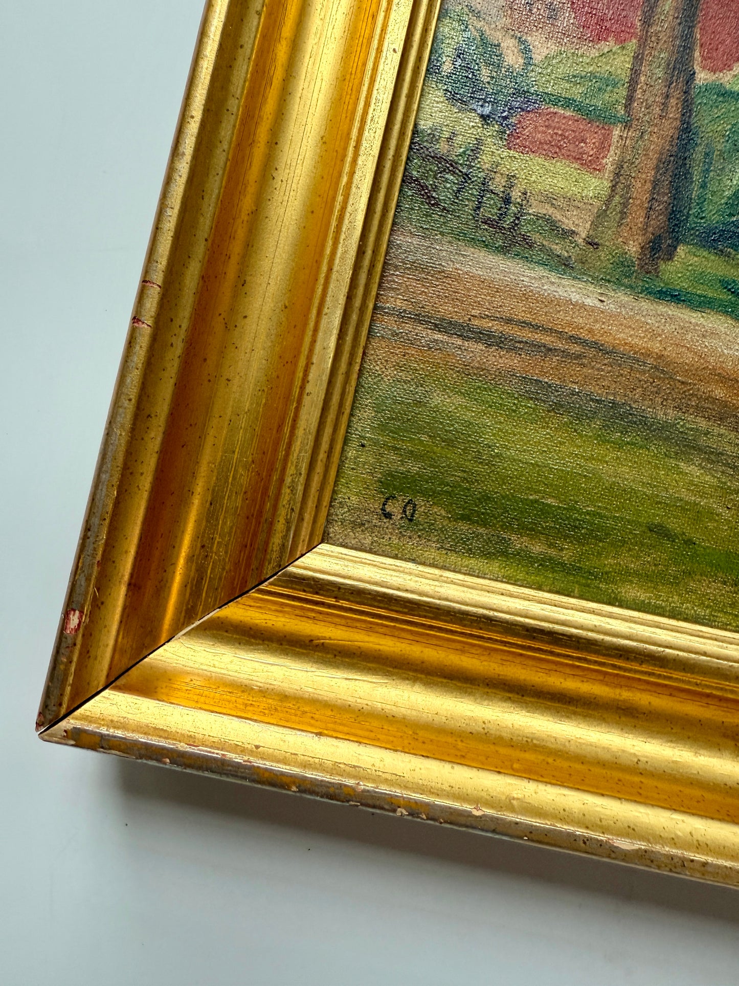 Vintage Red Roofed Houses in Hillside Summer Landscape Oil Painting in Gold Frame