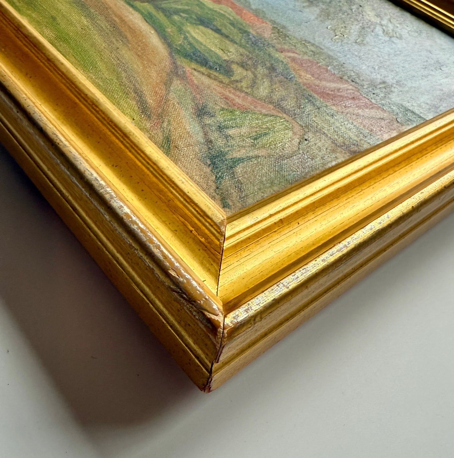 Vintage Red Roofed Houses in Hillside Summer Landscape Oil Painting in Gold Frame