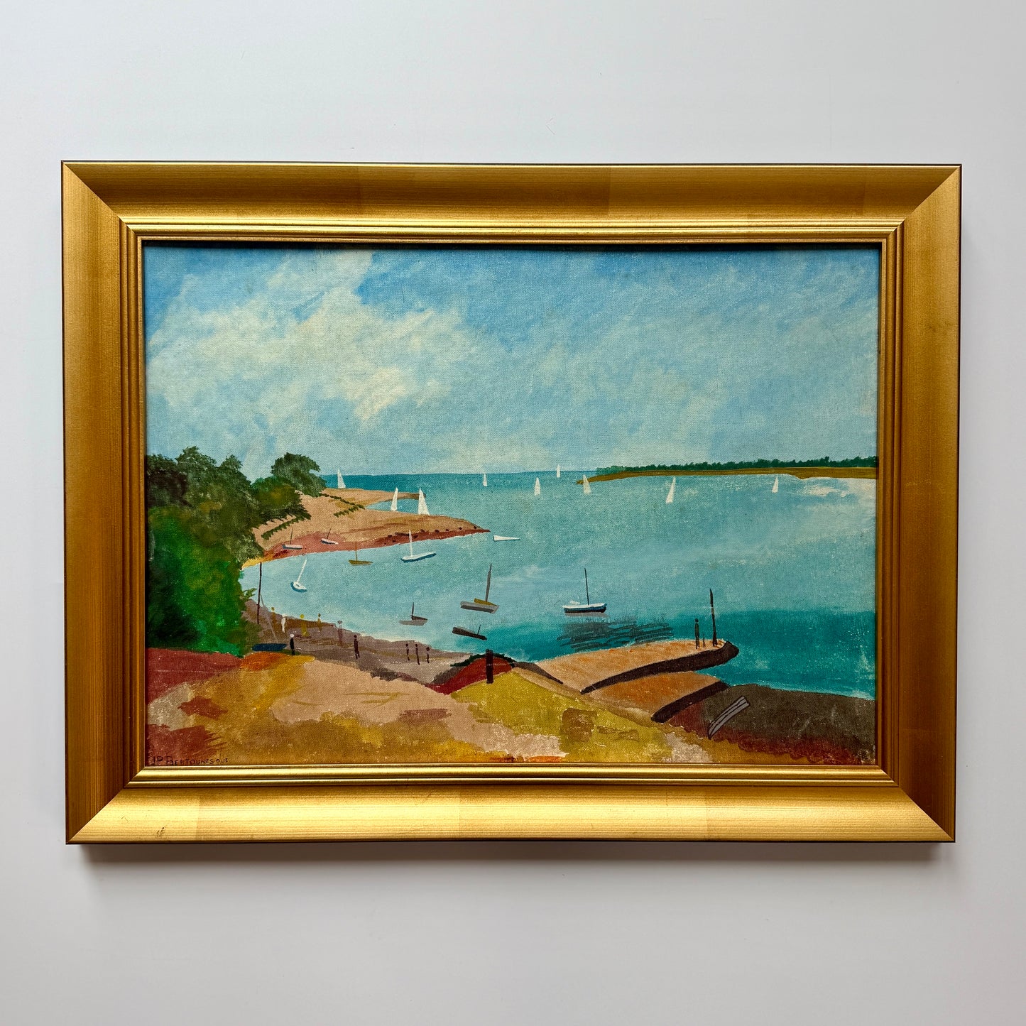 Vintage French Sailboats Coastal Landscape Oil Painting in Gold Frame