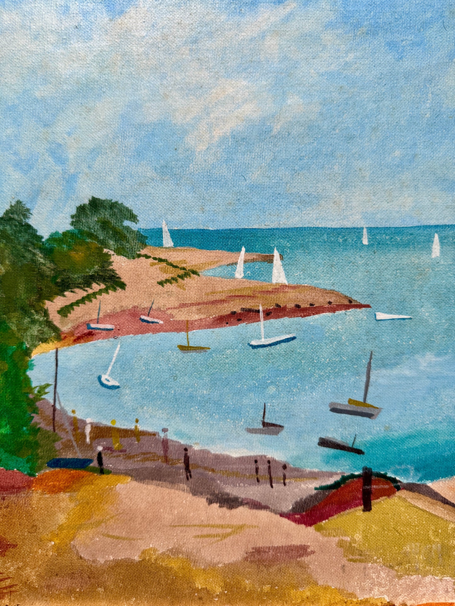 Vintage French Sailboats Coastal Landscape Oil Painting in Gold Frame