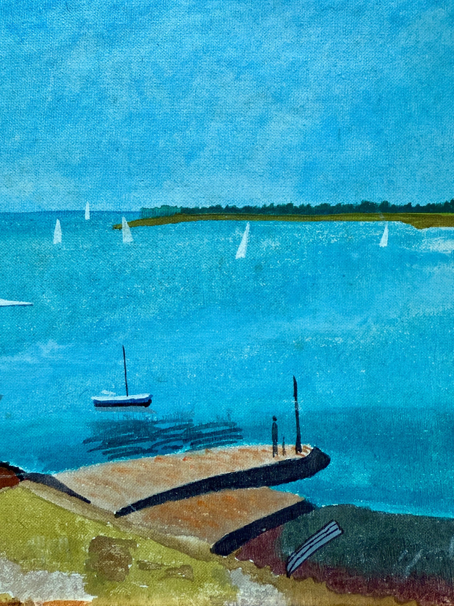 Vintage French Sailboats Coastal Landscape Oil Painting in Gold Frame