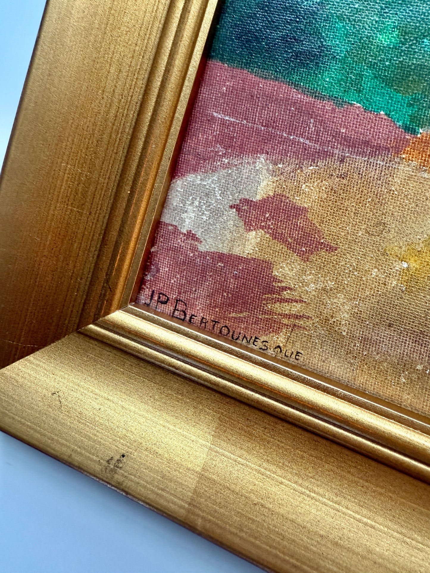 Vintage French Sailboats Coastal Landscape Oil Painting in Gold Frame