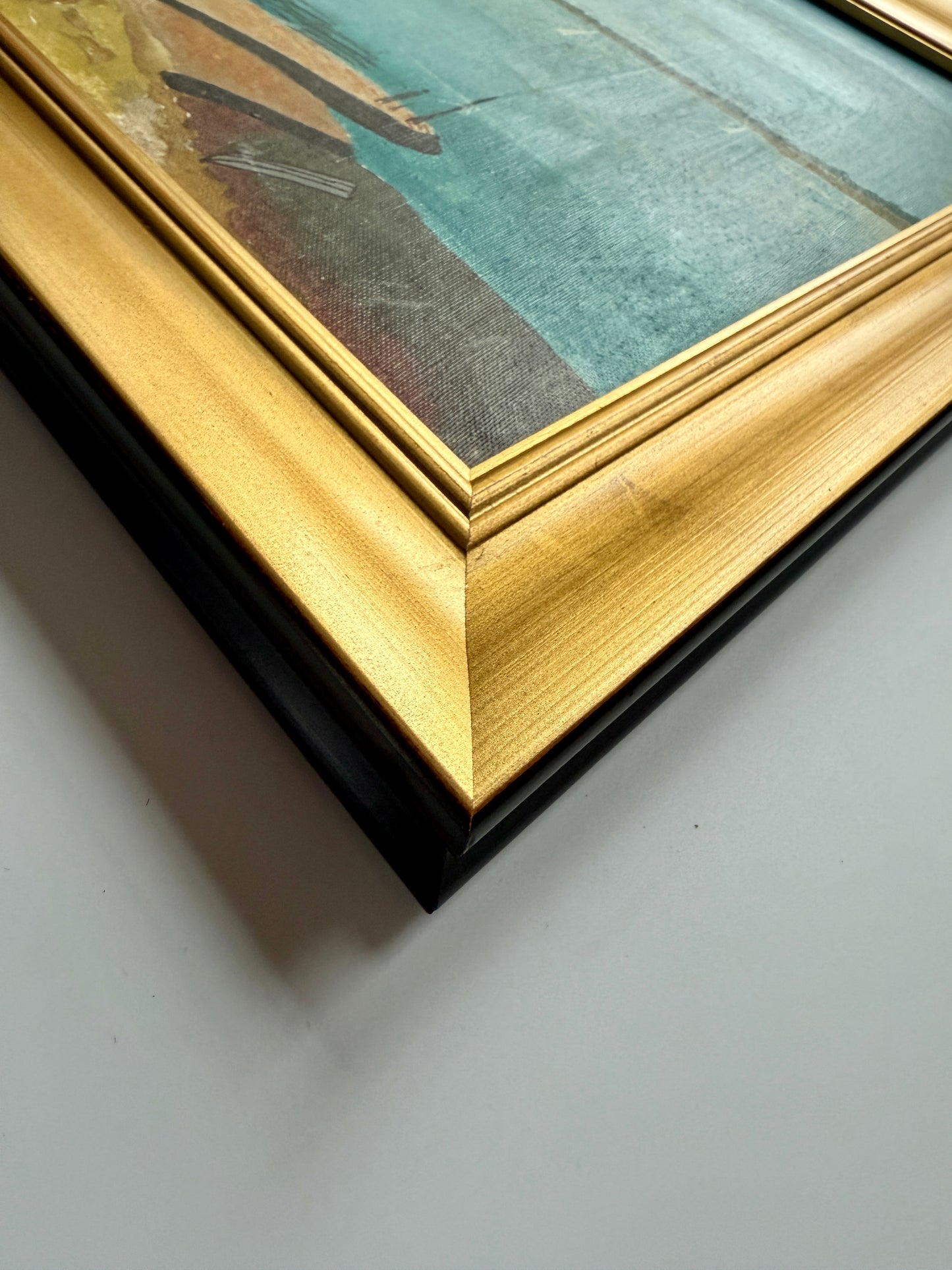 Vintage French Sailboats Coastal Landscape Oil Painting in Gold Frame