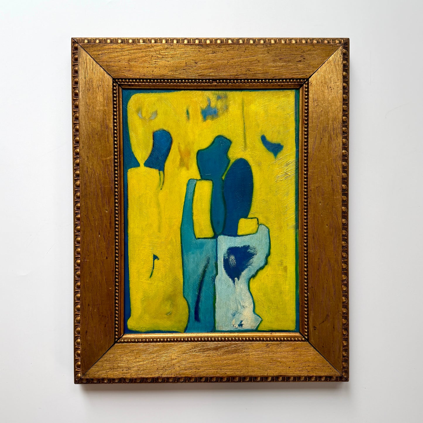 1975 Blue and Yellow Figural Couple Abstract Oil Painting in Gold Frame