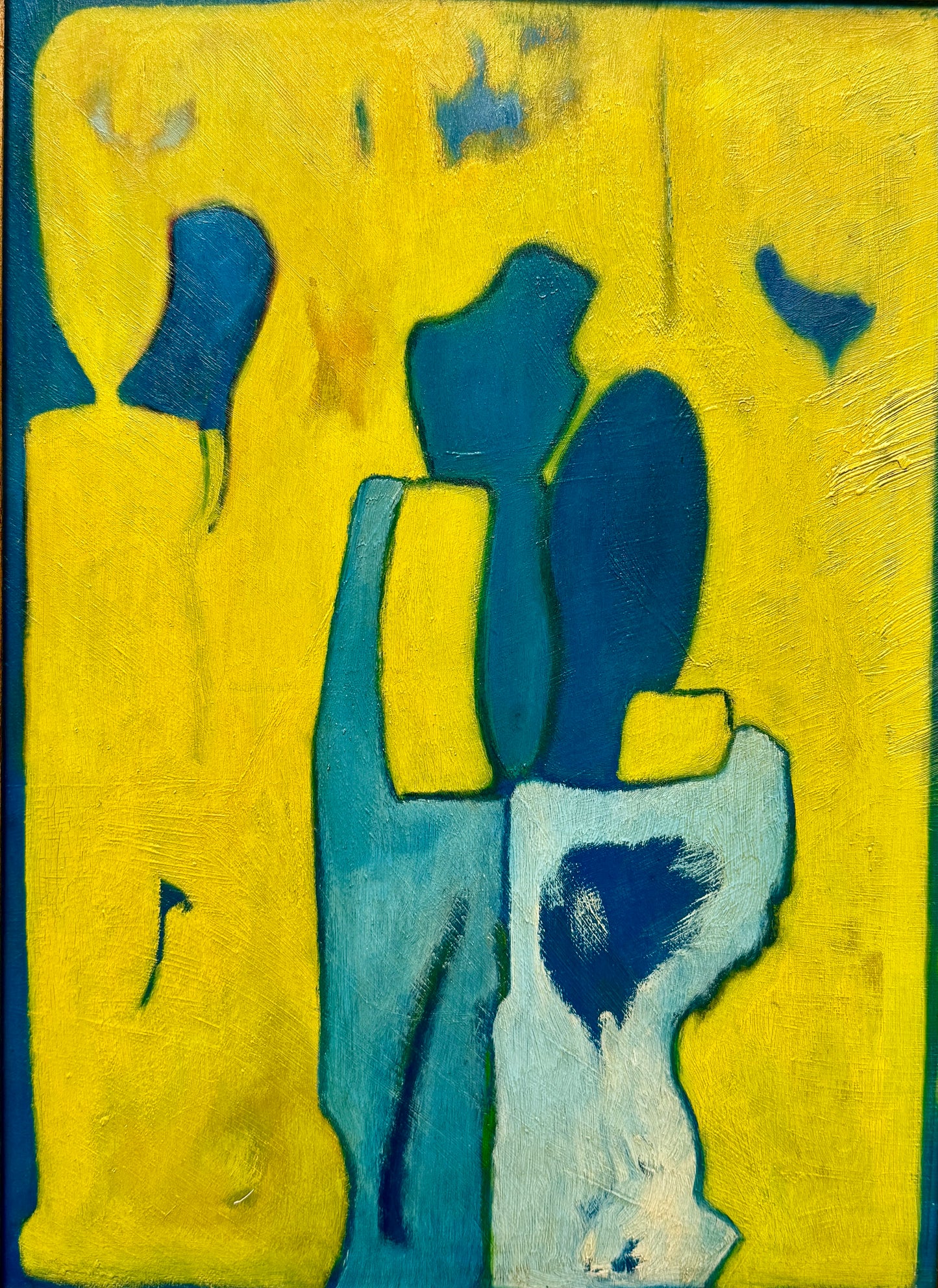 1975 Blue and Yellow Figural Couple Abstract Oil Painting in Gold Frame