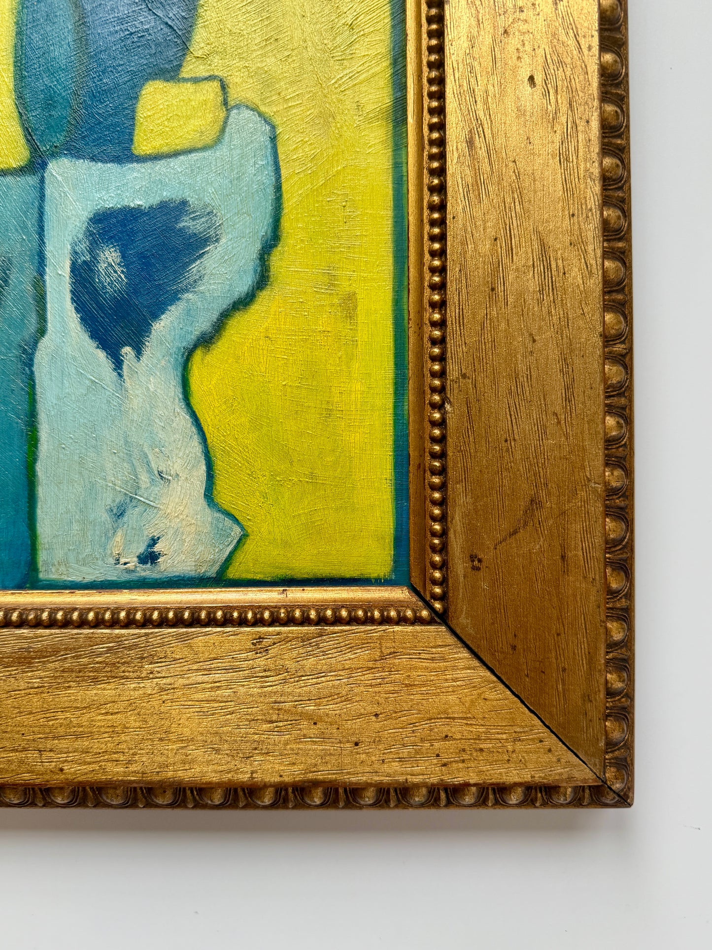 1975 Blue and Yellow Figural Couple Abstract Oil Painting in Gold Frame