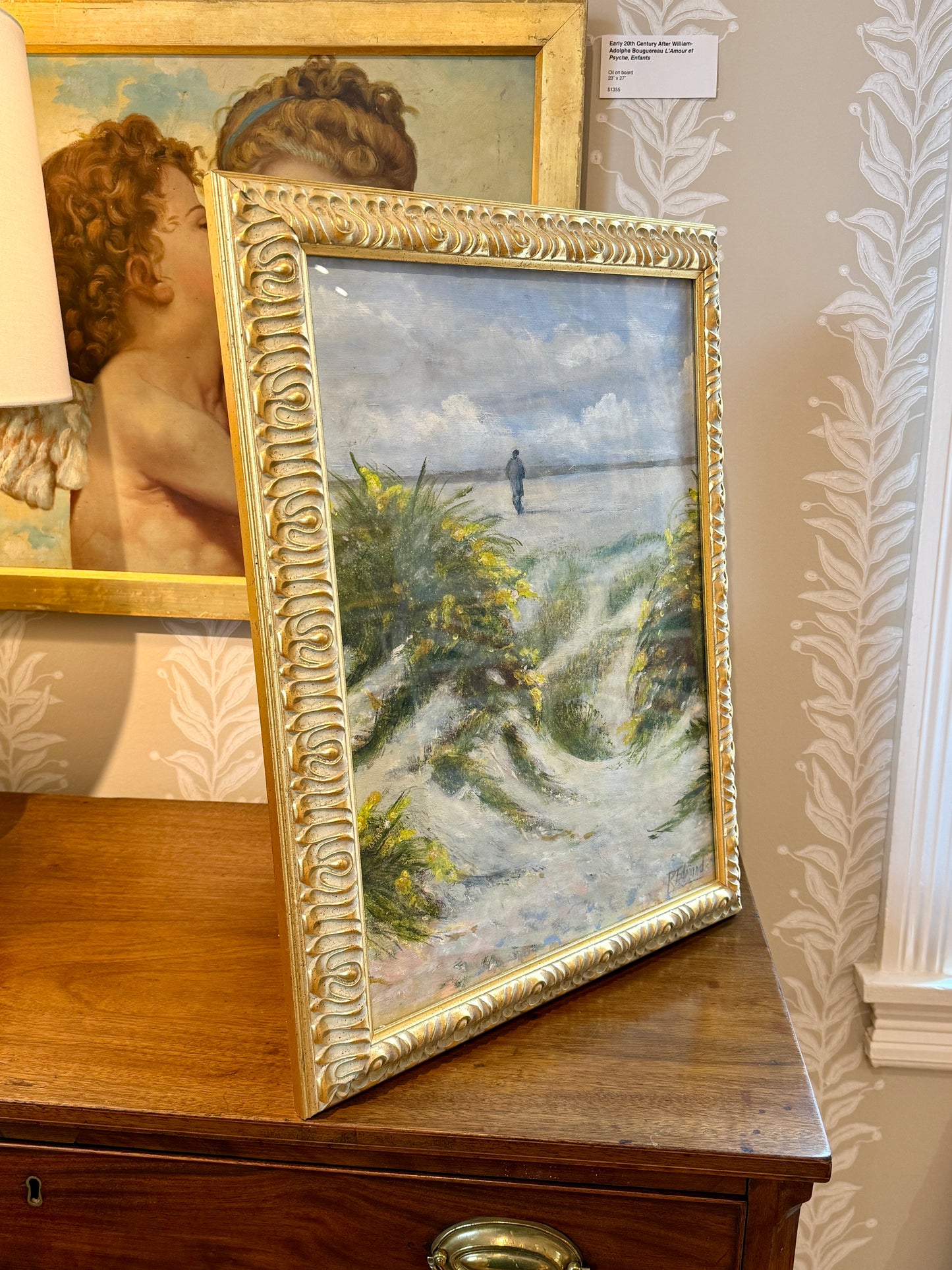 R. Edmund Beach Walker Coastal Landscape Oil Painting in Ornate Gold Frame