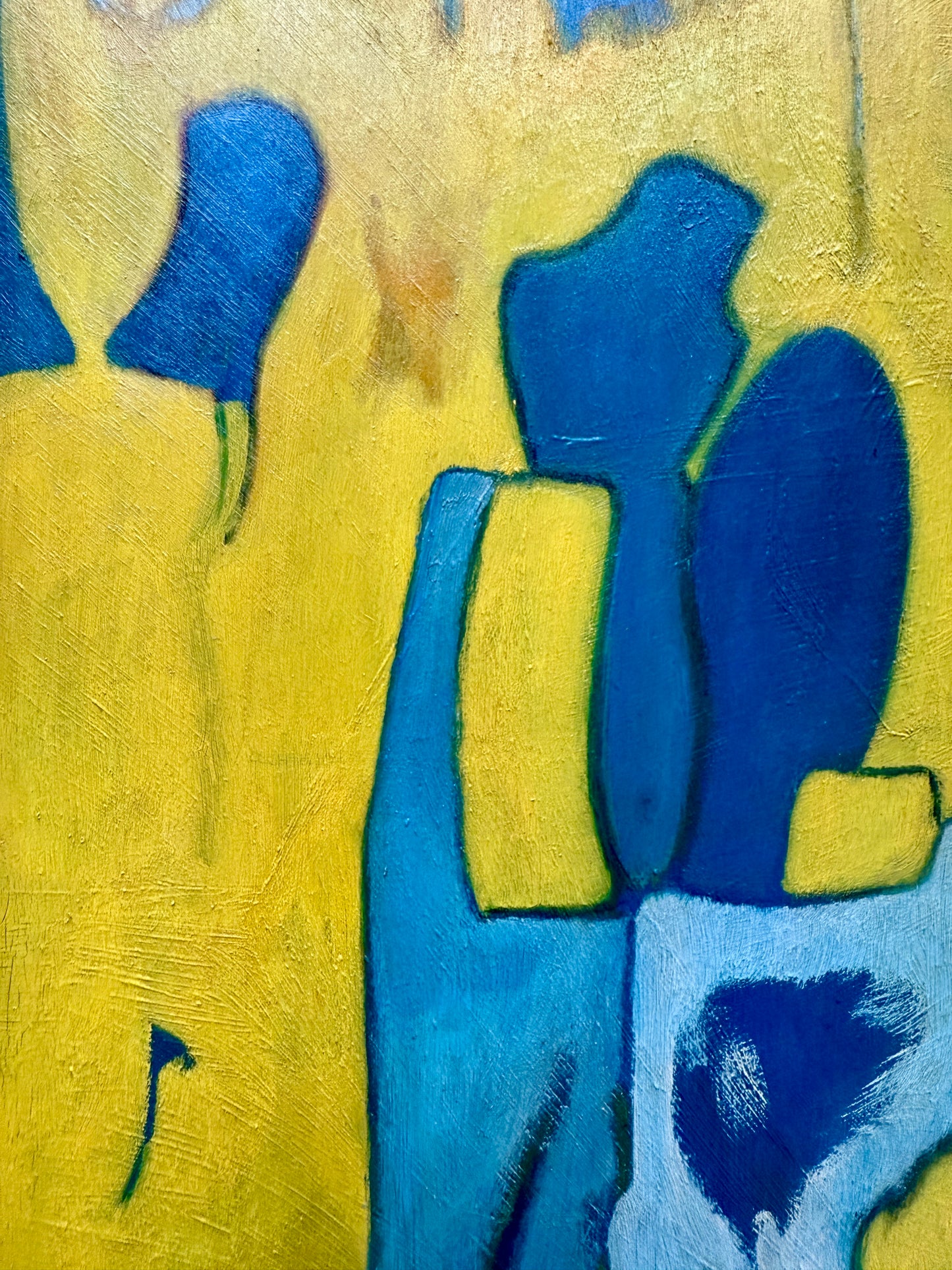 1975 Blue and Yellow Figural Couple Abstract Oil Painting in Gold Frame