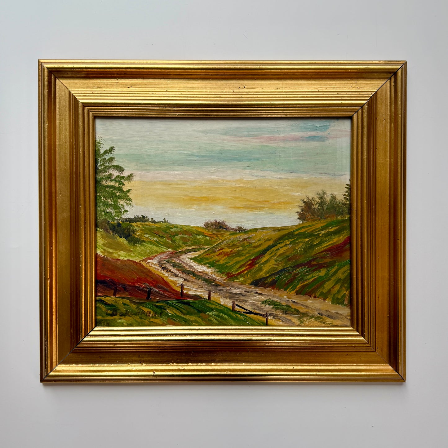 Vintage Country Landscape Sunset Oil Painting in Gold Frame