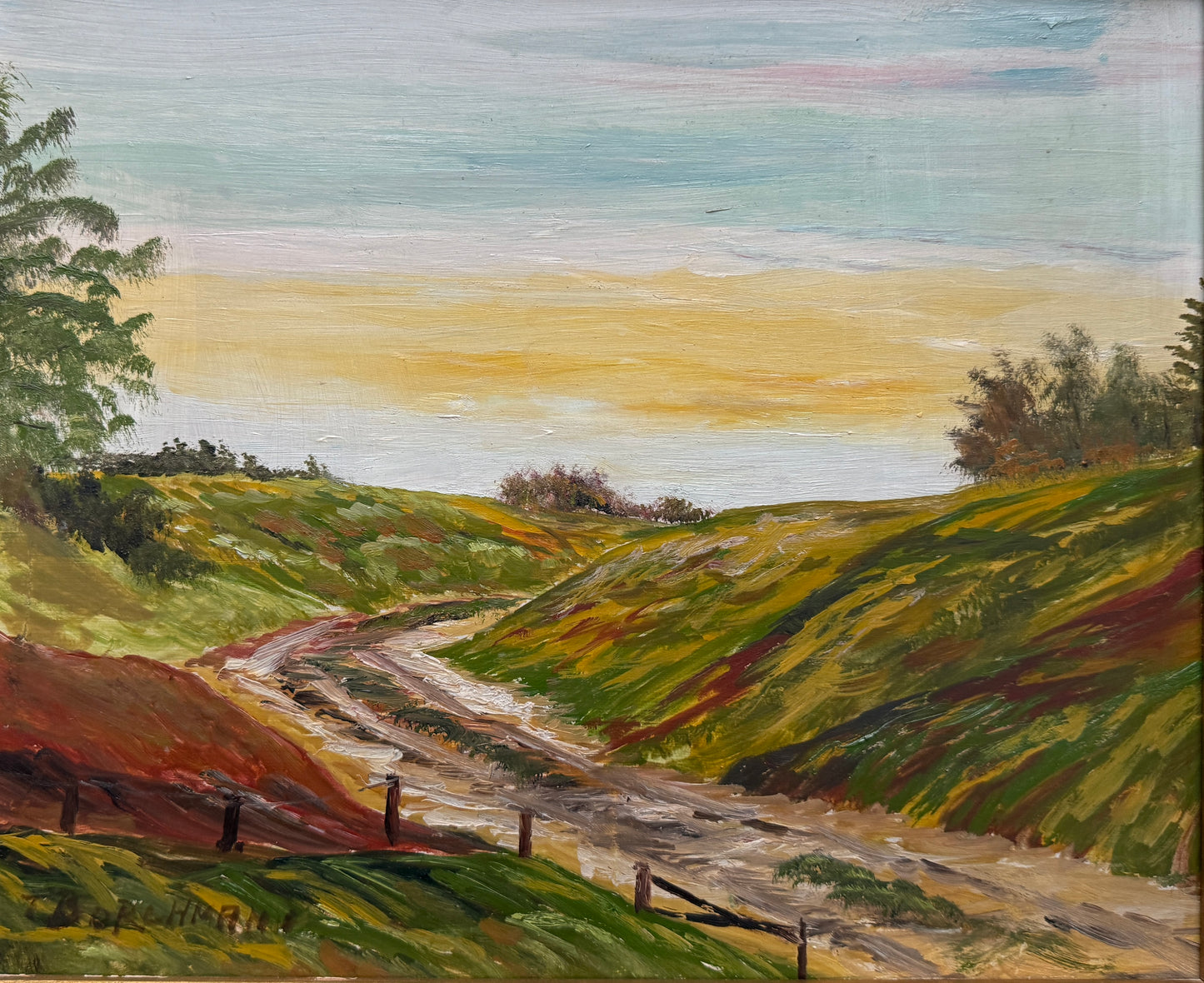 Vintage Country Landscape Sunset Oil Painting in Gold Frame