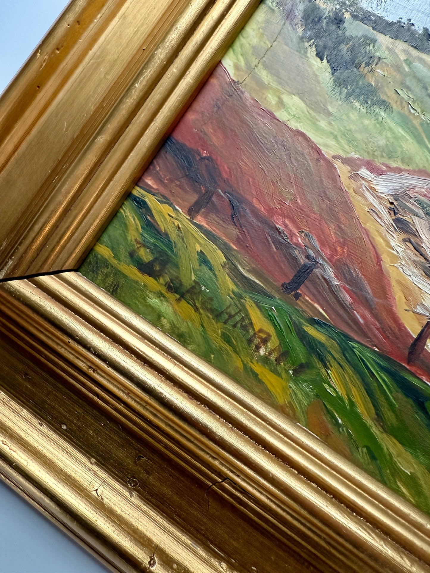 Vintage Country Landscape Sunset Oil Painting in Gold Frame