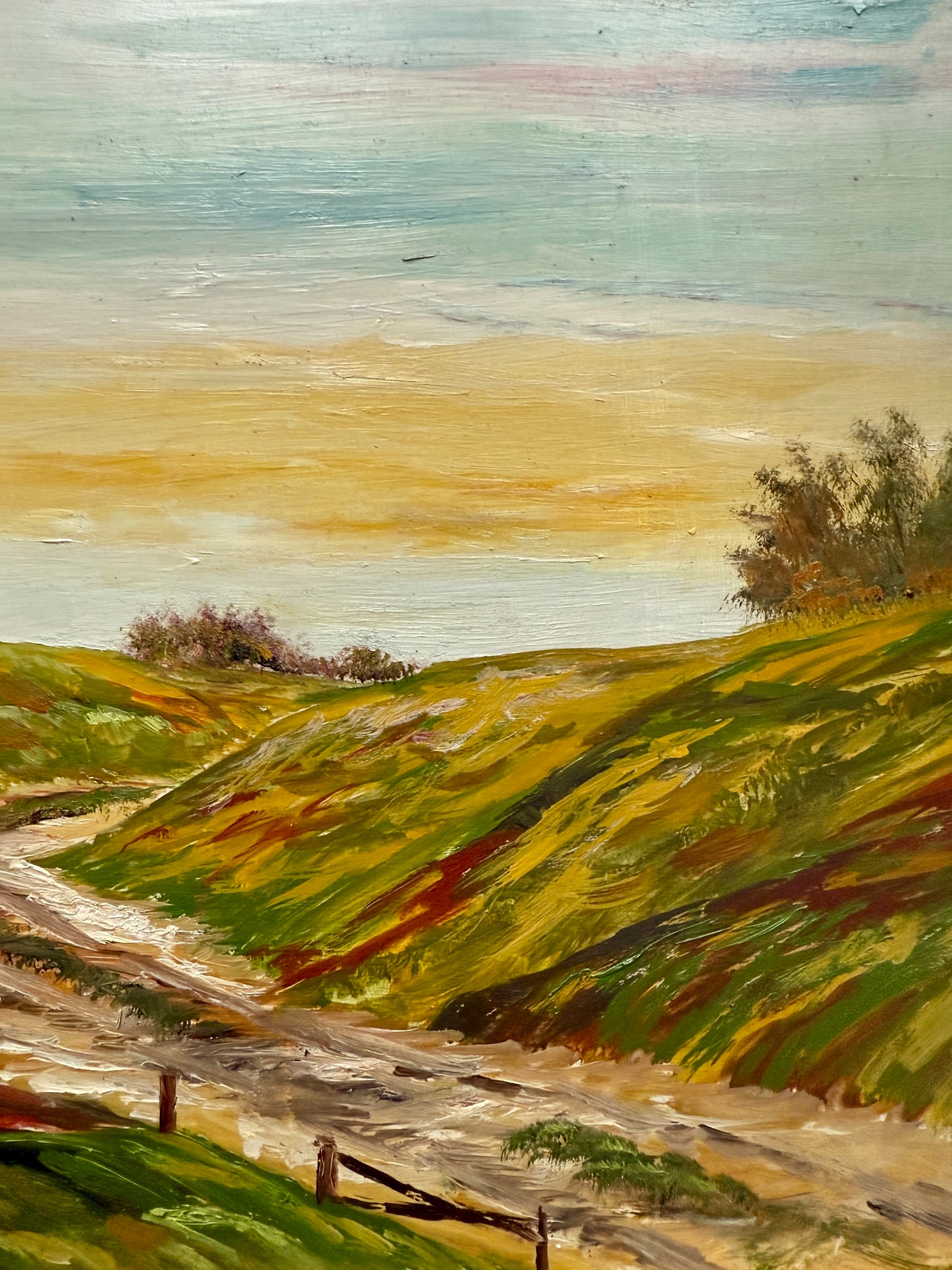 Vintage Country Landscape Sunset Oil Painting in Gold Frame