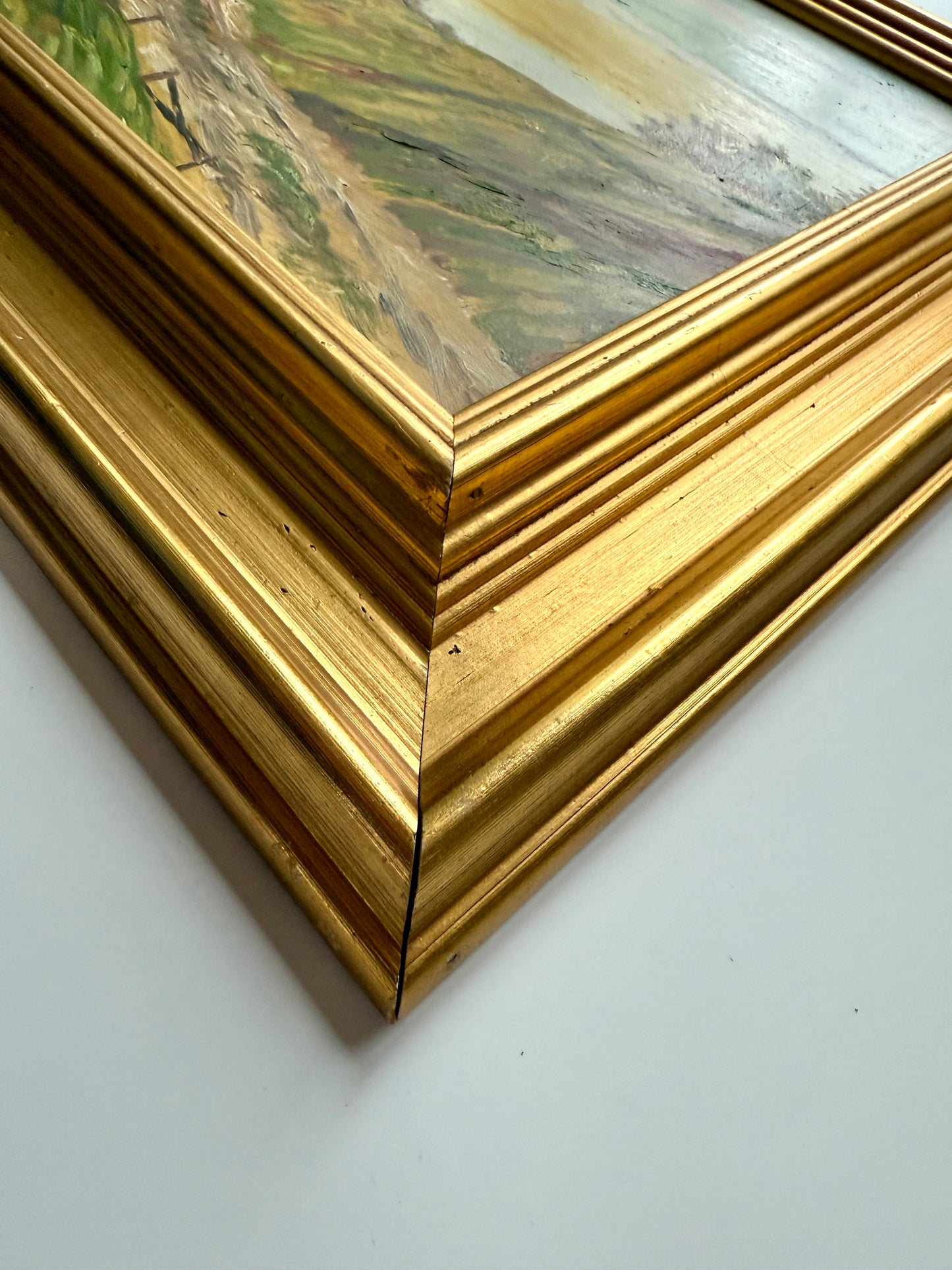 Vintage Country Landscape Sunset Oil Painting in Gold Frame